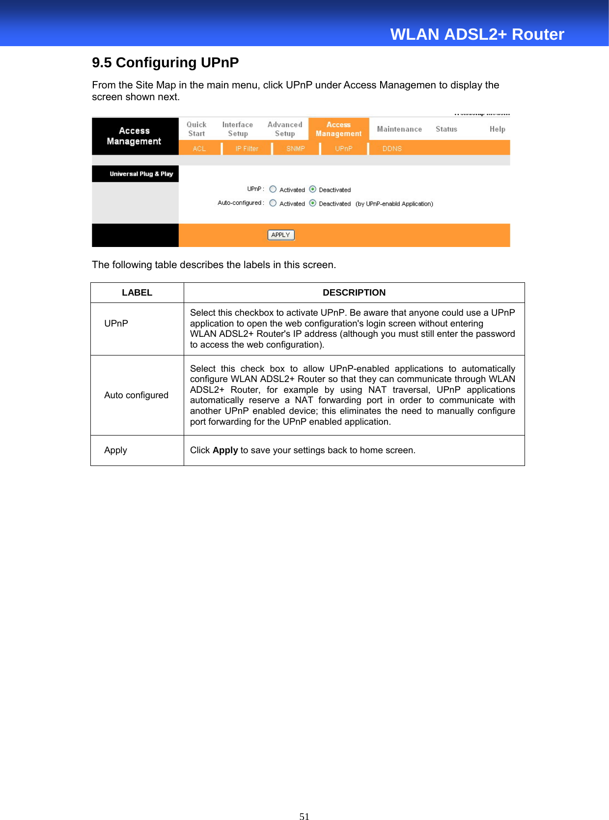  51  WLAN ADSL2+ Router 9.5 Configuring UPnP From the Site Map in the main menu, click UPnP under Access Managemen to display the screen shown next.    The following table describes the labels in this screen.  LABEL DESCRIPTION UPnP  Select this checkbox to activate UPnP. Be aware that anyone could use a UPnP application to open the web configuration&apos;s login screen without entering   WLAN ADSL2+ Router&apos;s IP address (although you must still enter the password to access the web configuration). Auto configured Select this check box to allow UPnP-enabled applications to automatically configure WLAN ADSL2+ Router so that they can communicate through WLAN ADSL2+ Router, for example by using NAT traversal, UPnP applications automatically reserve a NAT forwarding port in order to communicate with another UPnP enabled device; this eliminates the need to manually configure port forwarding for the UPnP enabled application. Apply  Click Apply to save your settings back to home screen.                       