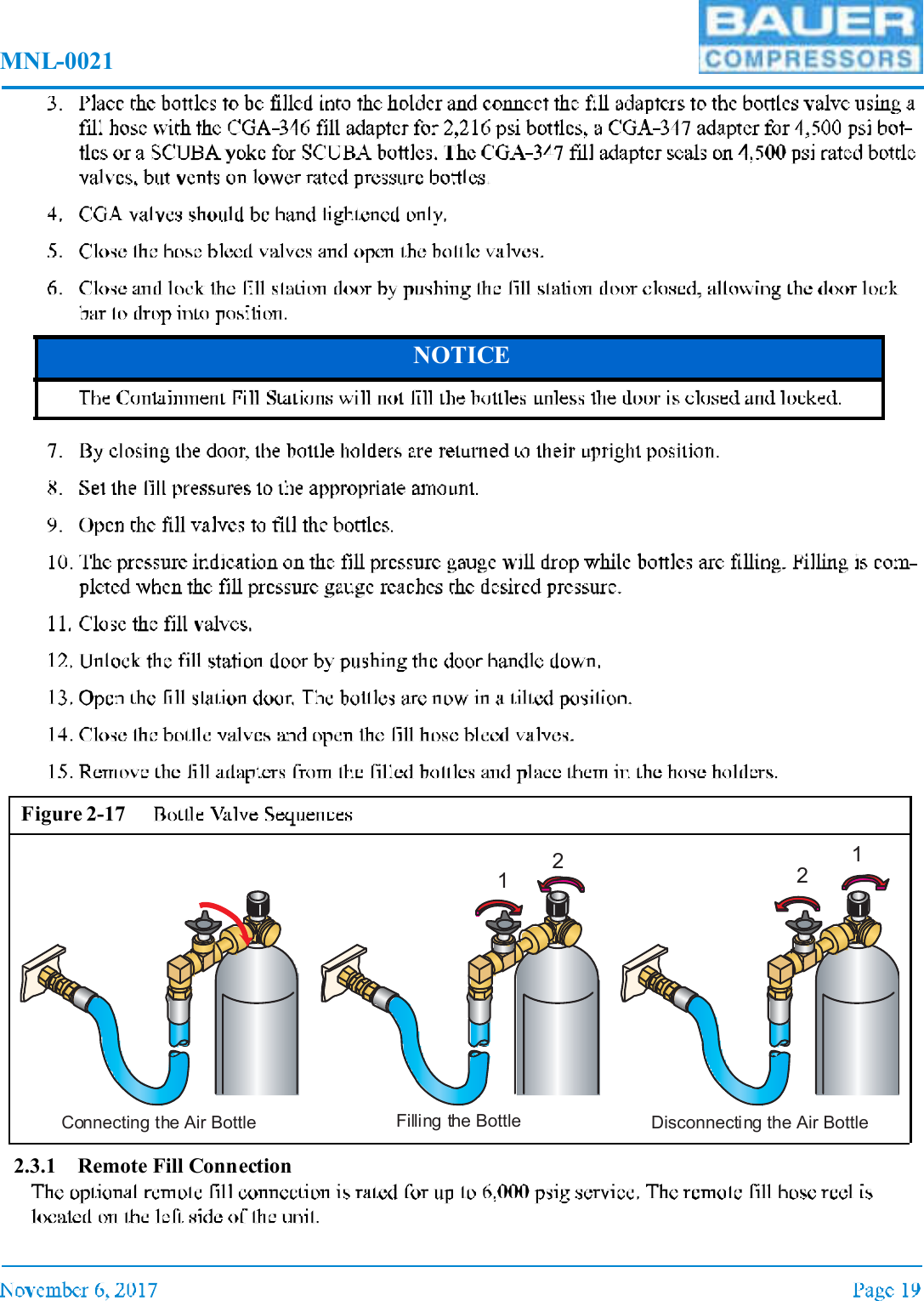 MNL-00212.3.1 Remote Fill Connection NOTICEFigure 2-17Connecting the Air Bottle Filling the Bottle21Disconnecting the Air Bottle21