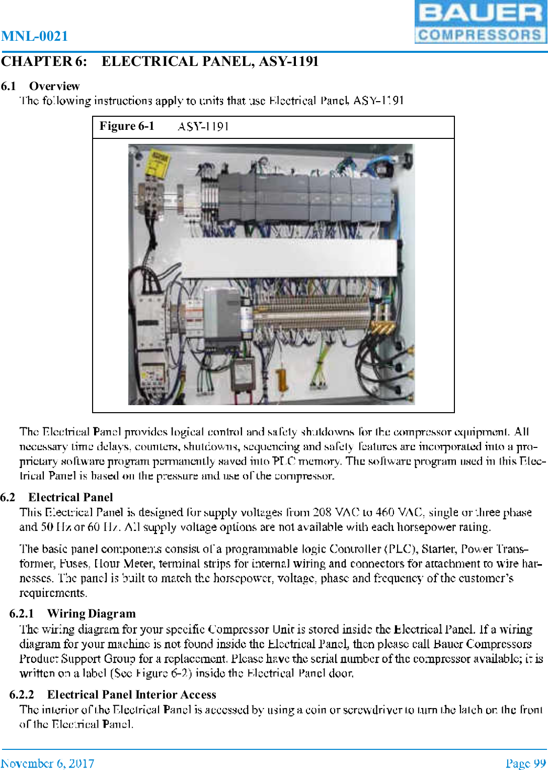 MNL-0021CHAPTER 6: ELECTRICAL PANEL, ASY-11916.1 Overview, 6.2 Electrical Panel6.2.1 Wiring Diagram6.2.2 Electrical Panel Interior AccessFigure 6-1