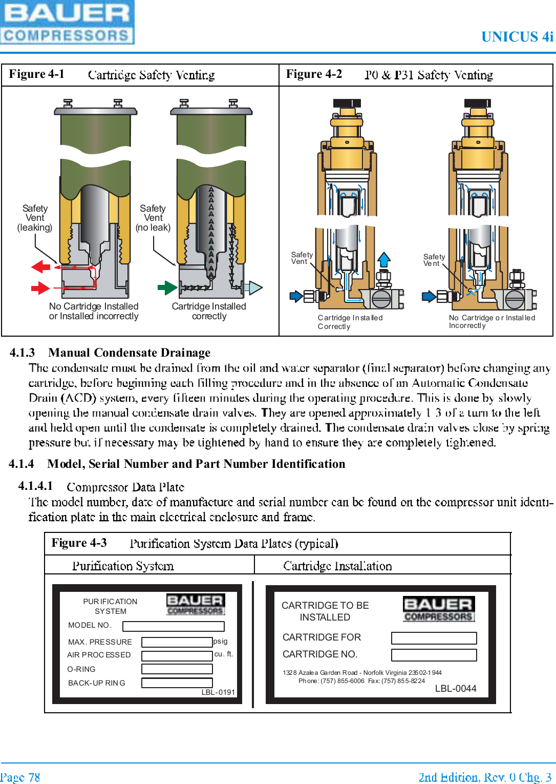 UNICUS 4i4.1.3 Manual Condensate Drainage4.1.4 Model, Serial Number and Part Number Identification4.1.4.1Figure 4-1 Figure 4-2Figure 4-3SafetyVent(no leak)Cartridge InstalledcorrectlySafetyVent(leaking)No Cartridge Installedor Installed incorrectlyC ar tridge In sta lledC or rectl y No Car tridge o r Instal ledIncorrectl ySafety Ve ntSafety VentCARTRIDGE FORCARTRIDGE NO.LBL-0044CARTRIDGE TO BEINSTALLED132 8 Azale a Ga rden R oad - Norfolk Virginia 23502-1 944Phone : (757) 855-6006 Fa x: (757) 855-82 24MODEL NO .MAX. PRE SS UREAIR PROC ESSEDO-RINGBACK- UP RIN Gpsigcu. ft.LBL-0191PUR IFICATIONSYSTEM