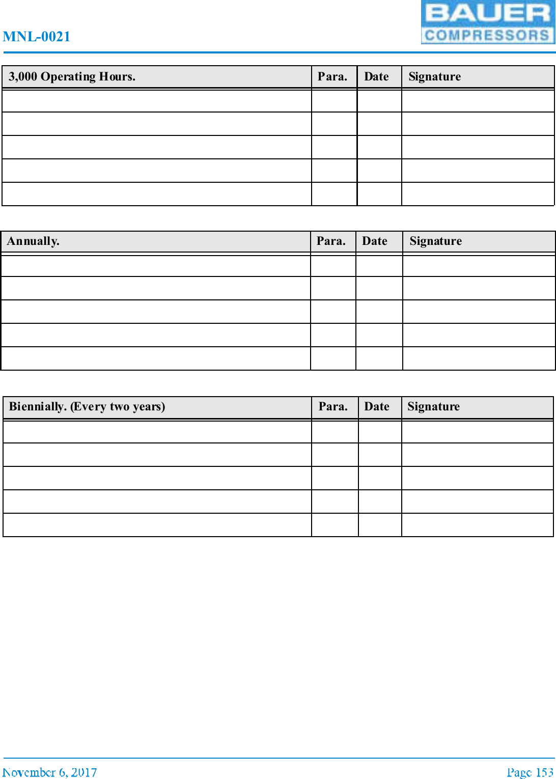 MNL-00213,000 Operating Hours. Para. Date SignatureAnnually. Para. Date SignatureBiennially. (Every two years) Para. Date Signature