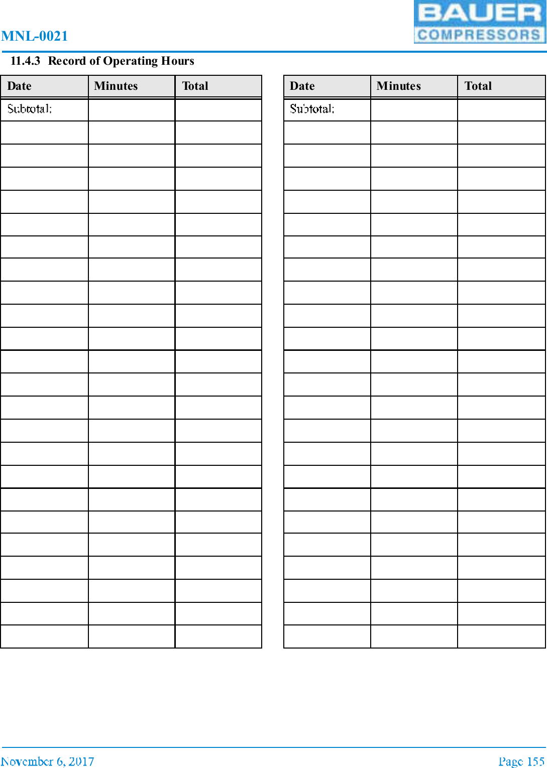 MNL-002111.4.3 Record of Operating HoursDate Minutes Total Date Minutes Total