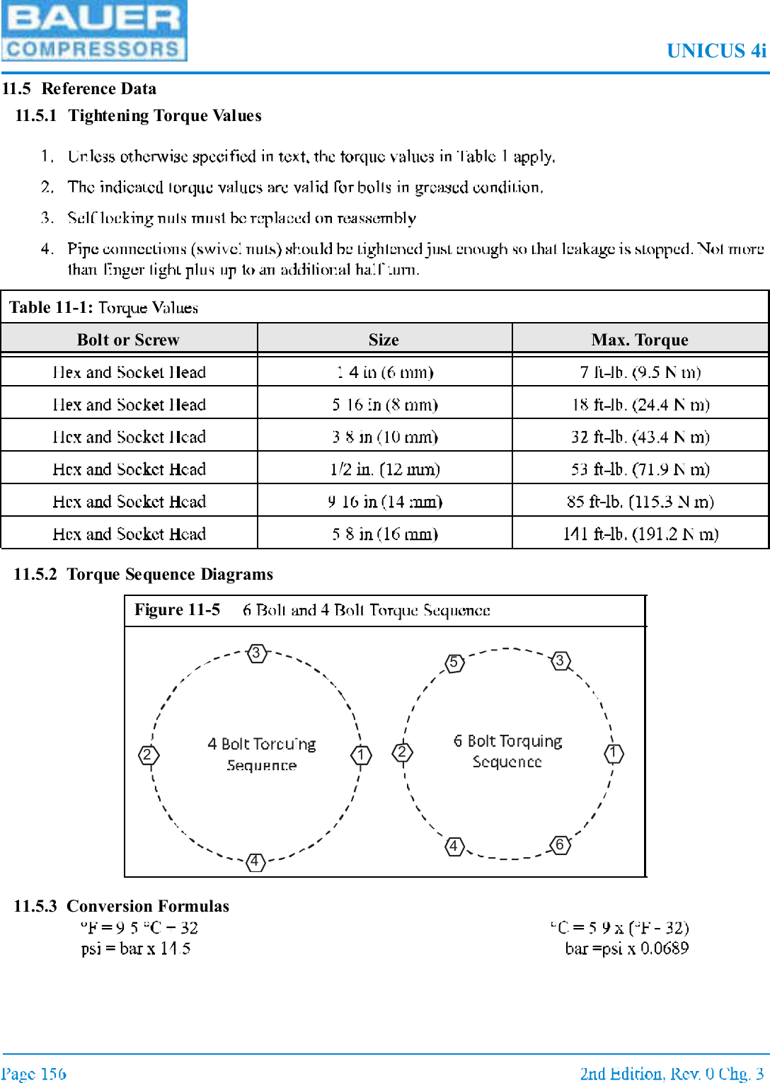 UNICUS 4i11.5 Reference Data11.5.1 Tightening Torque Values11.5.2 Torque Sequence Diagrams11.5.3 Conversion FormulasTable 11-1: Bolt or Screw Size Max. TorqueFigure 11-51234123456