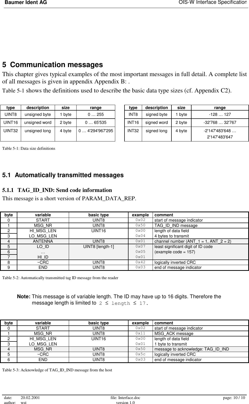 Baumer Ident AG   OIS-W Interface Specification date: 20.02.2001 author: wst  file: Interface.doc version 1.0  page: 10 / 10  5 Communication messages This chapter gives typical examples of the most important messages in full detail. A complete list of all messages is given in appendix Appendix B: . Table 5-1 shows the definitions used to describe the basic data type sizes (cf. Appendix C2).  type description  size  range   type description size  range UINT8  unsigned byte  1 byte  0 … 255    INT8  signed byte  1 byte  -128 … 127 UINT16  unsigned word  2 byte  0 … 65&apos;535    INT16  signed word  2 byte  -32&apos;768 … 32&apos;767 UINT32  unsigned long  4 byte  0 … 4&apos;294&apos;967&apos;295    INT32  signed long  4 byte  -2&apos;147&apos;483&apos;648 … 2&apos;147&apos;483&apos;647 Table 5-1: Data size definitions 5.1  Automatically transmitted messages 5.1.1  TAG_ID_IND: Send code information This message is a short version of PARAM_DATA_REP.  byte variable  basic type  example comment 0 START  UINT8  0x02 start of message indicator 1 MSG_NR  UINT8  0x50 TAG_ID_IND message 2 HI_MSG_LEN  UINT16  0x00 length of data field 3 LO_MSG_LEN    0x04 4 bytes to transmit 4  ANTENNA  UINT8  0x01  channel number (ANT_1 = 1, ANT_2 = 2) 5  LO_ID  UINT8 [length-1]  0x07  least significant digit of ID code 6  …    0x05  (example code = 157) 7  HI_ID    0x01   8 ~CRC  UINT8  0x42 logically inverted CRC 9 END  UINT8  0x03 end of message indicator Table 5-2: Automatically transmitted tag ID message from the reader Note: This message is of variable length. The ID may have up to 16 digits. Therefore the message length is limited to  2 ≤ length ≤ 17.  byte variable  basic type  example comment 0 START  UINT8  0x02 start of message indicator 1 MSG_NR  UINT8  0x11 MSG_ACK message 2 HI_MSG_LEN  UINT16  0x00 length of data field 3 LO_MSG_LEN    0x01 1 byte to transmit 4  MSG_NR  UINT8  0x50  message to acknowledge: TAG_ID_IND 5 ~CRC  UINT8  0x5c logically inverted CRC 6 END  UINT8  0x03 end of message indicator Table 5-3: Acknowledge of TAG_ID_IND message from the host 