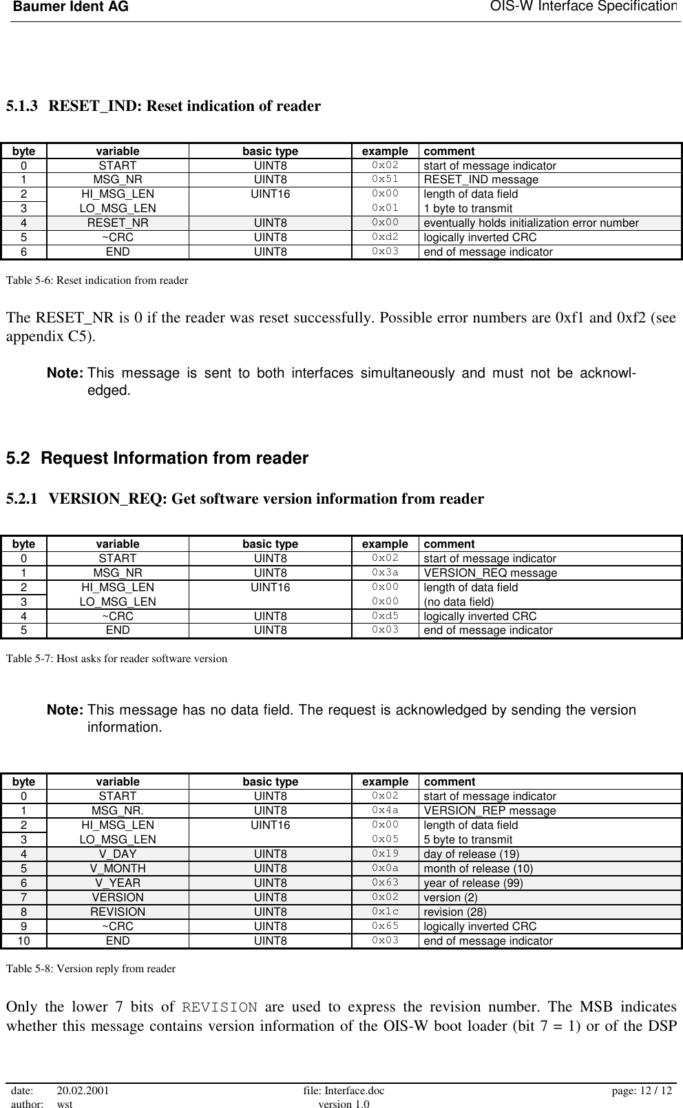 Baumer Ident AG   OIS-W Interface Specification date: 20.02.2001 author: wst  file: Interface.doc version 1.0  page: 12 / 12  5.1.3  RESET_IND: Reset indication of reader  byte variable  basic type  example comment 0 START  UINT8  0x02 start of message indicator 1 MSG_NR  UINT8  0x51 RESET_IND message 2 HI_MSG_LEN  UINT16  0x00 length of data field 3 LO_MSG_LEN    0x01 1 byte to transmit 4  RESET_NR  UINT8  0x00  eventually holds initialization error number 5 ~CRC  UINT8  0xd2 logically inverted CRC 6 END  UINT8  0x03 end of message indicator Table 5-6: Reset indication from reader The RESET_NR is 0 if the reader was reset successfully. Possible error numbers are 0xf1 and 0xf2 (see appendix C5). Note: This message is sent to both interfaces simultaneously and must not be acknowl-edged. 5.2  Request Information from reader 5.2.1  VERSION_REQ: Get software version information from reader  byte variable  basic type  example comment 0 START  UINT8  0x02 start of message indicator 1 MSG_NR  UINT8  0x3a VERSION_REQ message 2 HI_MSG_LEN  UINT16  0x00 length of data field 3 LO_MSG_LEN    0x00 (no data field) 4 ~CRC  UINT8  0xd5 logically inverted CRC 5 END  UINT8  0x03 end of message indicator Table 5-7: Host asks for reader software version Note: This message has no data field. The request is acknowledged by sending the version information.  byte variable  basic type  example comment 0 START  UINT8  0x02 start of message indicator 1 MSG_NR. UINT8 0x4a VERSION_REP message 2 HI_MSG_LEN  UINT16  0x00 length of data field 3 LO_MSG_LEN    0x05 5 byte to transmit 4  V_DAY  UINT8  0x19  day of release (19) 5  V_MONTH  UINT8  0x0a  month of release (10) 6  V_YEAR  UINT8  0x63  year of release (99) 7  VERSION  UINT8  0x02  version (2) 8  REVISION  UINT8  0x1c  revision (28) 9 ~CRC  UINT8  0x65 logically inverted CRC 10 END  UINT8  0x03 end of message indicator Table 5-8: Version reply from reader Only the lower 7 bits of REVISION are used to express the revision number. The MSB indicates whether this message contains version information of the OIS-W boot loader (bit 7 = 1) or of the DSP 