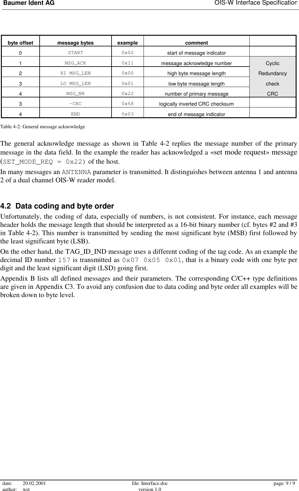 Baumer Ident AG   OIS-W Interface Specification date: 20.02.2001 author: wst  file: Interface.doc version 1.0  page: 9 / 9  byte offset  message bytes  example  comment   0  START 0x02 start of message indicator   1  MSG_ACK 0x11 message acknowledge number  Cyclic 2  HI MSG_LEN  0x00  high byte message length  Redundancy 3  LO MSG_LEN  0x01  low byte message length  check 4  MSG_NR 0x22 number of primary message  CRC 3  ~CRC 0x68 logically inverted CRC checksum  4  END 0x03 end of message indicator   Table 4-2: General message acknowledge The general acknowledge message as shown in Table 4-2 replies the message number of the primary message in the data field. In the example the reader has acknowledged a «set mode request» message (SET_MODE_REQ = 0x22) of the host. In many messages an ANTENNA parameter is transmitted. It distinguishes between antenna 1 and antenna 2 of a dual channel OIS-W reader model. 4.2  Data coding and byte order Unfortunately, the coding of data, especially of numbers, is not consistent. For instance, each message header holds the message length that should be interpreted as a 16-bit binary number (cf. bytes #2 and #3 in Table 4-2). This number is transmitted by sending the most significant byte (MSB) first followed by the least significant byte (LSB). On the other hand, the TAG_ID_IND message uses a different coding of the tag code. As an example the decimal ID number 157 is transmitted as 0x07 0x05 0x01, that is a binary code with one byte per digit and the least significant digit (LSD) going first. Appendix B lists all defined messages and their parameters. The corresponding C/C++ type definitions are given in Appendix C3. To avoid any confusion due to data coding and byte order all examples will be broken down to byte level. 