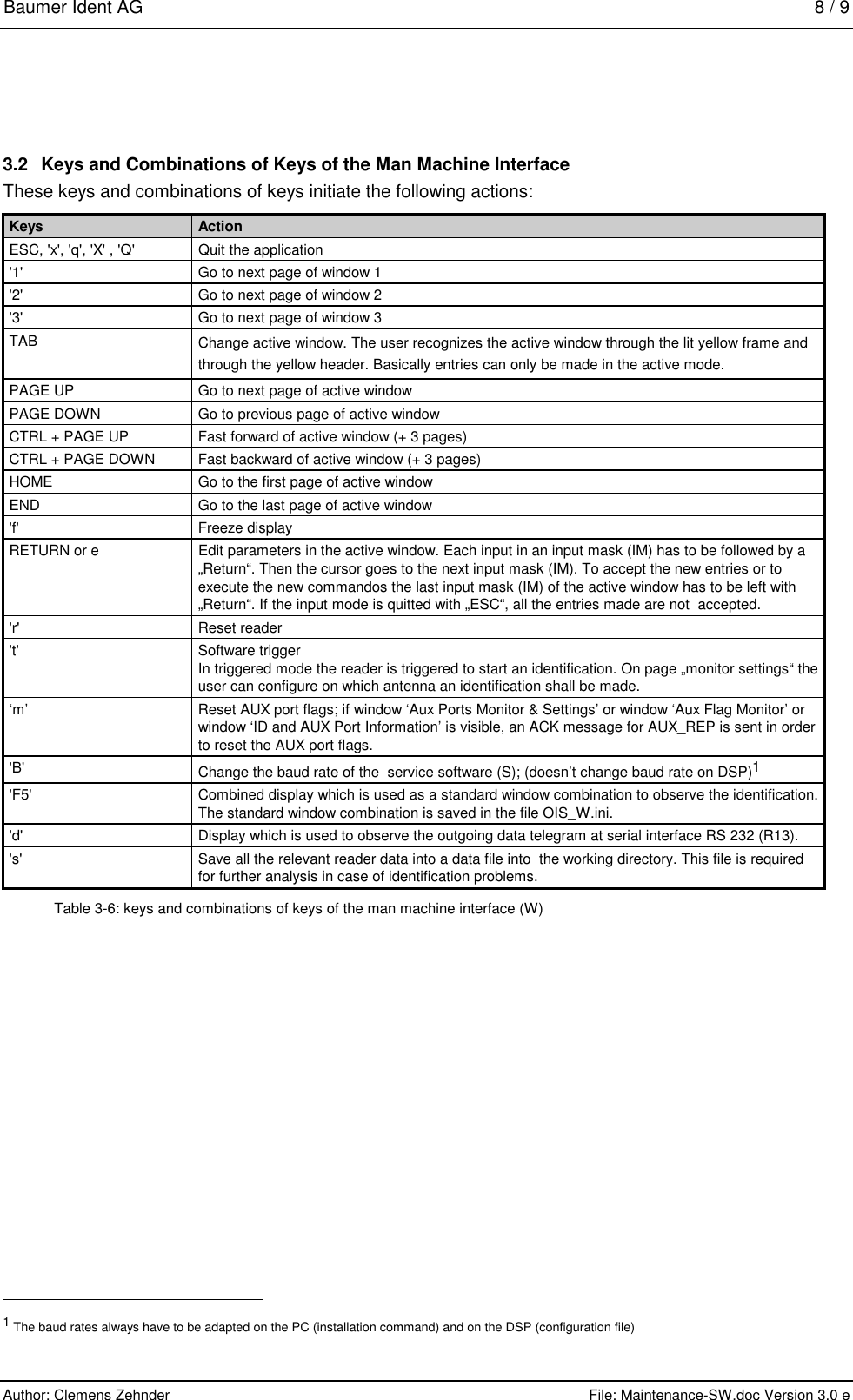Baumer Ident AG   8 / 9  Author: Clemens Zehnder      File: Maintenance-SW.doc Version 3.0 e        3.2  Keys and Combinations of Keys of the Man Machine Interface These keys and combinations of keys initiate the following actions:  Keys  Action ESC, &apos;x&apos;, &apos;q&apos;, &apos;X&apos; , &apos;Q&apos;  Quit the application &apos;1&apos;  Go to next page of window 1 &apos;2&apos;  Go to next page of window 2 &apos;3&apos;  Go to next page of window 3 TAB  Change active window. The user recognizes the active window through the lit yellow frame and through the yellow header. Basically entries can only be made in the active mode. PAGE UP  Go to next page of active window PAGE DOWN  Go to previous page of active window CTRL + PAGE UP  Fast forward of active window (+ 3 pages) CTRL + PAGE DOWN  Fast backward of active window (+ 3 pages) HOME  Go to the first page of active window END  Go to the last page of active window &apos;f&apos; Freeze display RETURN or e  Edit parameters in the active window. Each input in an input mask (IM) has to be followed by a „Return“. Then the cursor goes to the next input mask (IM). To accept the new entries or to execute the new commandos the last input mask (IM) of the active window has to be left with „Return“. If the input mode is quitted with „ESC“, all the entries made are not  accepted. &apos;r&apos; Reset reader &apos;t&apos; Software trigger In triggered mode the reader is triggered to start an identification. On page „monitor settings“ the user can configure on which antenna an identification shall be made. ‘m’  Reset AUX port flags; if window ‘Aux Ports Monitor &amp; Settings’ or window ‘Aux Flag Monitor’ or window ‘ID and AUX Port Information’ is visible, an ACK message for AUX_REP is sent in order to reset the AUX port flags. &apos;B&apos;  Change the baud rate of the  service software (S); (doesn’t change baud rate on DSP)1 &apos;F5&apos;  Combined display which is used as a standard window combination to observe the identification. The standard window combination is saved in the file OIS_W.ini. &apos;d&apos;  Display which is used to observe the outgoing data telegram at serial interface RS 232 (R13).  &apos;s&apos;  Save all the relevant reader data into a data file into  the working directory. This file is required for further analysis in case of identification problems.  Table 3-6: keys and combinations of keys of the man machine interface (W)                                                       1 The baud rates always have to be adapted on the PC (installation command) and on the DSP (configuration file) 