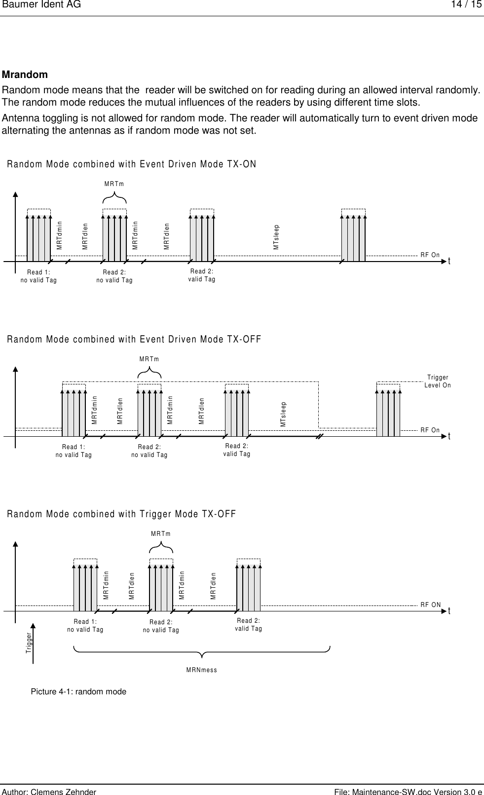 Baumer Ident AG   14 / 15  Author: Clemens Zehnder      File: Maintenance-SW.doc Version 3.0 e        Mrandom Random mode means that the  reader will be switched on for reading during an allowed interval randomly. The random mode reduces the mutual influences of the readers by using different time slots. Antenna toggling is not allowed for random mode. The reader will automatically turn to event driven mode alternating the antennas as if random mode was not set.  Random Mode combined with Event Driven Mode TX-ONMRTdminMRTdlenMRTdminMRTdlenMTsleepRead 1:no valid Tag Read 2:no valid TagRead 2:valid TagtMRTmRF OnRandom Mode combined with Event Driven Mode TX-OFFMRTdminMRTdlenMRTdminMRTdlenMTsleepRead 1:no valid Tag Read 2:no valid TagRead 2:valid TagtMRTmRF OnTriggerLevel OnMRNmessRandom Mode combined with Trigger Mode TX-OFFMRTdminMRTdlenMRTdminMRTdlenRead 1:no valid Tag Read 2:no valid TagRead 2:valid TagtMRTmRF ONTrigger Picture 4-1: random mode 