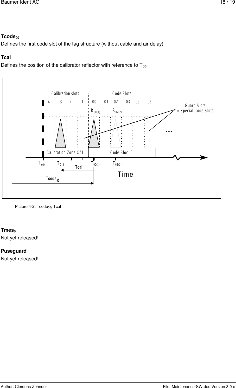 Baumer Ident AG   18 / 19  Author: Clemens Zehnder      File: Maintenance-SW.doc Version 3.0 e        Tcode00 Defines the first code slot of the tag structure (without cable and air delay). Tcal Defines the position of the calibrator reflector with reference to T00.  TC-3T00(1)T02(2)Time0200010305•••Calibration Zone CALCode Bloc  0Code SlotsCalibration slotsR00(1)R02(2)TminTcode00Guard Slots= Special Code Slots06-2-4-3-1Tcal Picture 4-2: Tcode00, Tcal Tmes0 Not yet released! Puseguard Not yet released! 