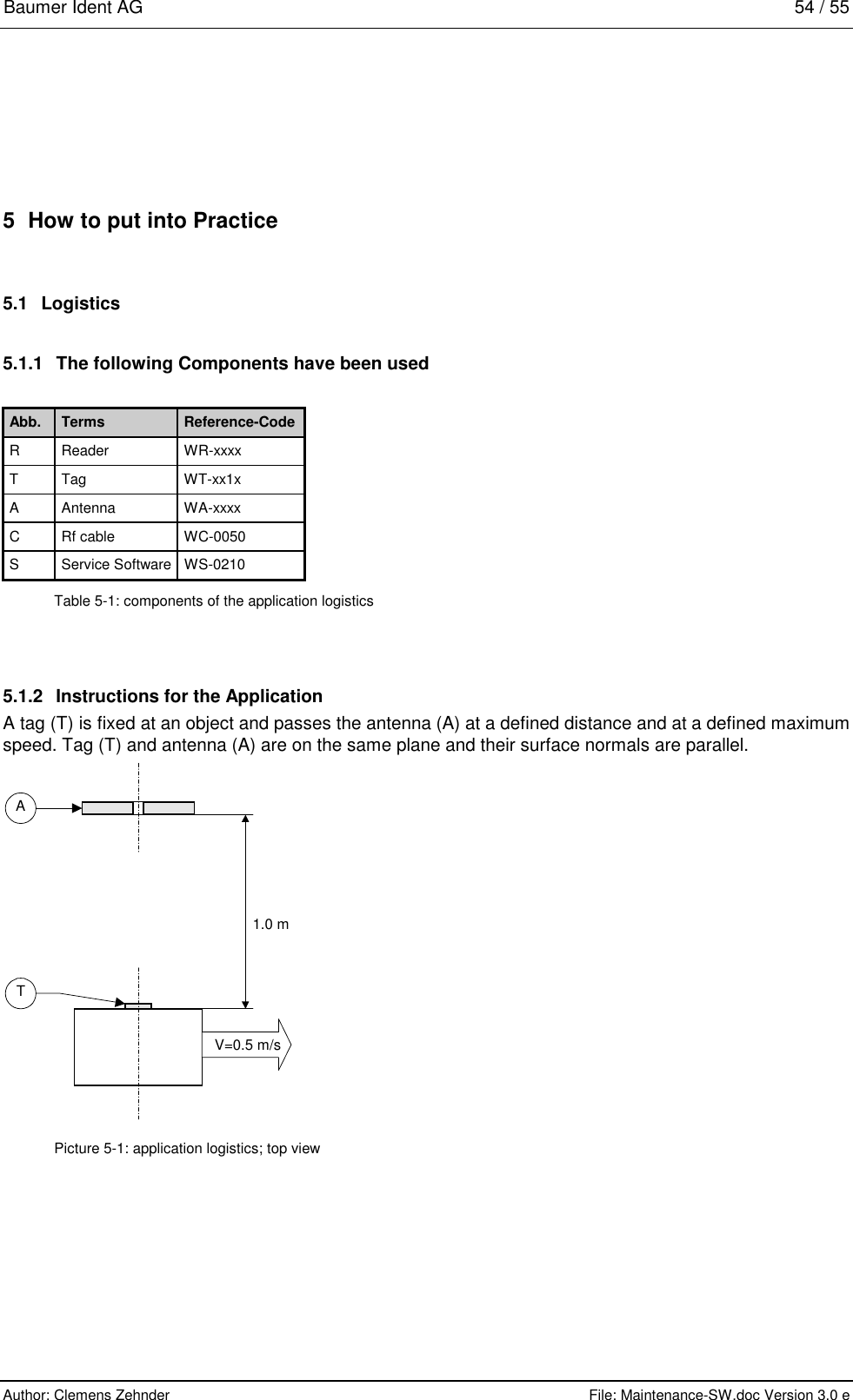 Baumer Ident AG   54 / 55  Author: Clemens Zehnder      File: Maintenance-SW.doc Version 3.0 e        5  How to put into Practice 5.1 Logistics 5.1.1  The following Components have been used  Abb.  Terms  Reference-Code R Reader  WR-xxxx T Tag  WT-xx1x A Antenna  WA-xxxx C Rf cable  WC-0050 S Service Software WS-0210 Table 5-1: components of the application logistics 5.1.2  Instructions for the Application A tag (T) is fixed at an object and passes the antenna (A) at a defined distance and at a defined maximum speed. Tag (T) and antenna (A) are on the same plane and their surface normals are parallel.  V=0.5 m/s1.0 mAT Picture 5-1: application logistics; top view 