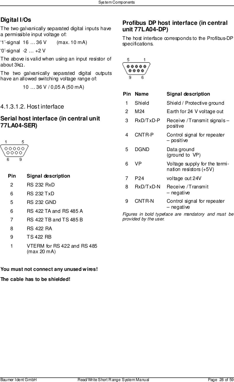 Sys tem ComponentsBaumer I dent G mbH  Read/Write S hort R ange System Manual Page  28 of 59Digital I/OsThe two galvanically separated digital inputs havea permissible input voltage of:‘1’-signal 16 … 36 V (max. 10 mA)‘0’-signal -2 … +2 VThe above is valid when using an input resistor ofabout 3kΩ.The two galvanically separated digital outputshave an allowed switching voltage range of:10 … 36 V / 0,05 A (50 mA)4.1.3.1.2. Host interfaceSerial host interface (in central unit77LA04-SER)Pin Signal description2 RS 232 RxD6 RS 232 TxD5 RS 232 GND6 RS 422 TA and RS 485 A7 RS 422 TB and TS 485 B8 RS 422 RA9 TS 422 RB1 VTERM for RS 422 and RS 485(max 20 mA)You must not connect any unused wires!The cable has to be shielded!Profibus DP host interface (in centralunit 77LA04-DP)The host interface corresponds to the Profibus-DPspecifications.Pin Name Signal description1 Shi eld Shi eld / Protective ground2 M24 Earth for 24 V voltage out3 RxD/TxD-P Receive / Transmit signals –positive4 CNTR-P Control signal for repeater– posi ti ve5 DGND Data ground(ground to  VP)6 VP Voltage supply for the termi-nation resistors (+5V)7 P24 voltage out 24V8 RxD/TxD-N Receive / Transmit– negative9 CNTR-N Control signal for repeater– negativeFigures in bold typeface are mandatory and must beprovided by the user.