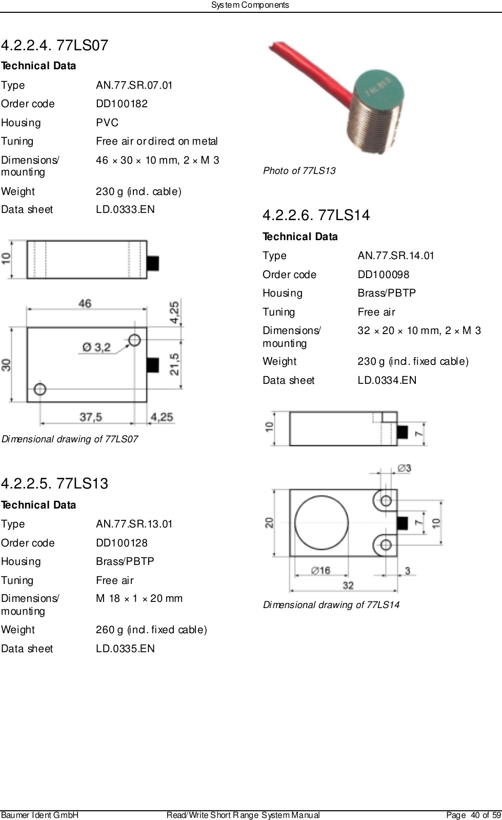 Sys tem ComponentsBaumer I dent G mbH  Read/Write S hort R ange System Manual Page  40 of 594.2.2.4. 77LS07Technical DataType AN.77.SR.07.01Order code DD100182Housing PVCTuning Free air or direct on metalDimensions/mounting 46 × 30 × 10 mm, 2 × M 3Weight 230 g (incl. cable)Data sheet LD.0333.ENDimensional drawing of 77LS074.2.2.5. 77LS13Technical DataType AN.77.SR.13.01Order code DD100128Housing Brass/PBTPTuning Free airDimensions/mounting M 18 × 1 × 20 mmWeight 260 g (incl. fixed cable)Data sheet LD.0335.ENPhoto of 77LS134.2.2.6. 77LS14Technical DataType AN.77.SR.14.01Order code DD100098Housing Brass/PBTPTuning Free airDimensions/mounting 32 × 20 × 10 mm, 2 × M 3Weight 230 g (incl. fixed cable)Data sheet LD.0334.ENDimensional drawing of 77LS14