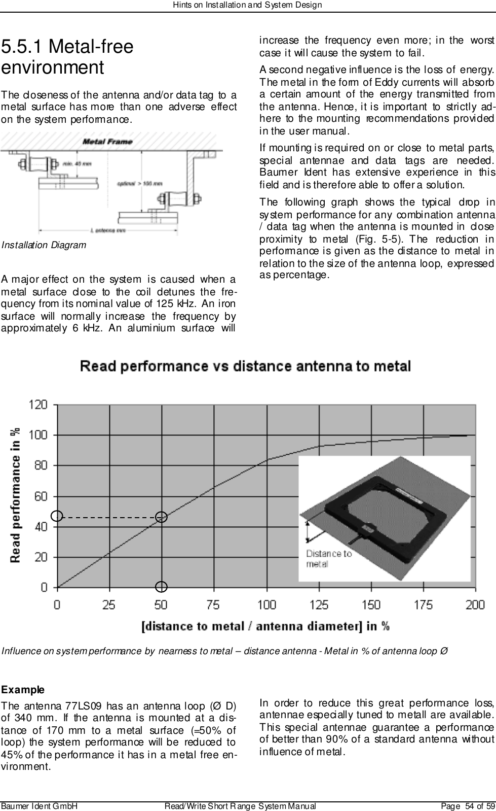 Hints on Installation and System DesignBaumer I dent G mbH  Read/Write S hort R ange System Manual Page  54 of 595.5.1 Metal-freeenvironmentThe closeness of the antenna and/or data tag to ametal surface has more than one adverse effecton the system performance.Installation DiagramA major effect on the system is caused when ametal surface close to the coil detunes the fre-quency from its nominal value of 125 kHz. An ironsurface will normally increase the frequency byapproximately 6 kHz. An aluminium surface willincrease the frequency even more; in the worstcase it will cause the system to fail.A second negative influence is the loss of energy.The metal in the form of Eddy currents will absorba certain amount of the energy transmitted fromthe antenna. Hence, it is important to strictly ad-here to the mounting recommendations providedin the user manual.If mounting is required on or close to metal parts,special antennae and data tags are needed.Baumer Ident has extensive experience in thisfield and is therefore able to offer a solution.The following graph shows the typical drop insystem performance for any combination antenna/ data tag when the antenna is mounted in closeproximity to metal (Fig. 5-5). The  reduction inperformance is given as the distance to metal inrelation to the size of the antenna loop,  expressedas percentage.Influence on system performance by nearness to metal – distance antenna - Metal in % of antenna loop ØExampleThe antenna 77LS09 has an antenna loop (Ø D)of 340 mm. If the antenna is mounted at a dis-tance of 170 mm to a metal surface (=50% ofloop) the system performance will be reduced to45% of the performance it has in a metal free en-vi ronment.In order to reduce this great performance loss,antennae especially tuned to metall are available.This special antennae guarantee a performanceof better than 90% of a standard antenna withoutinfluence of metal.