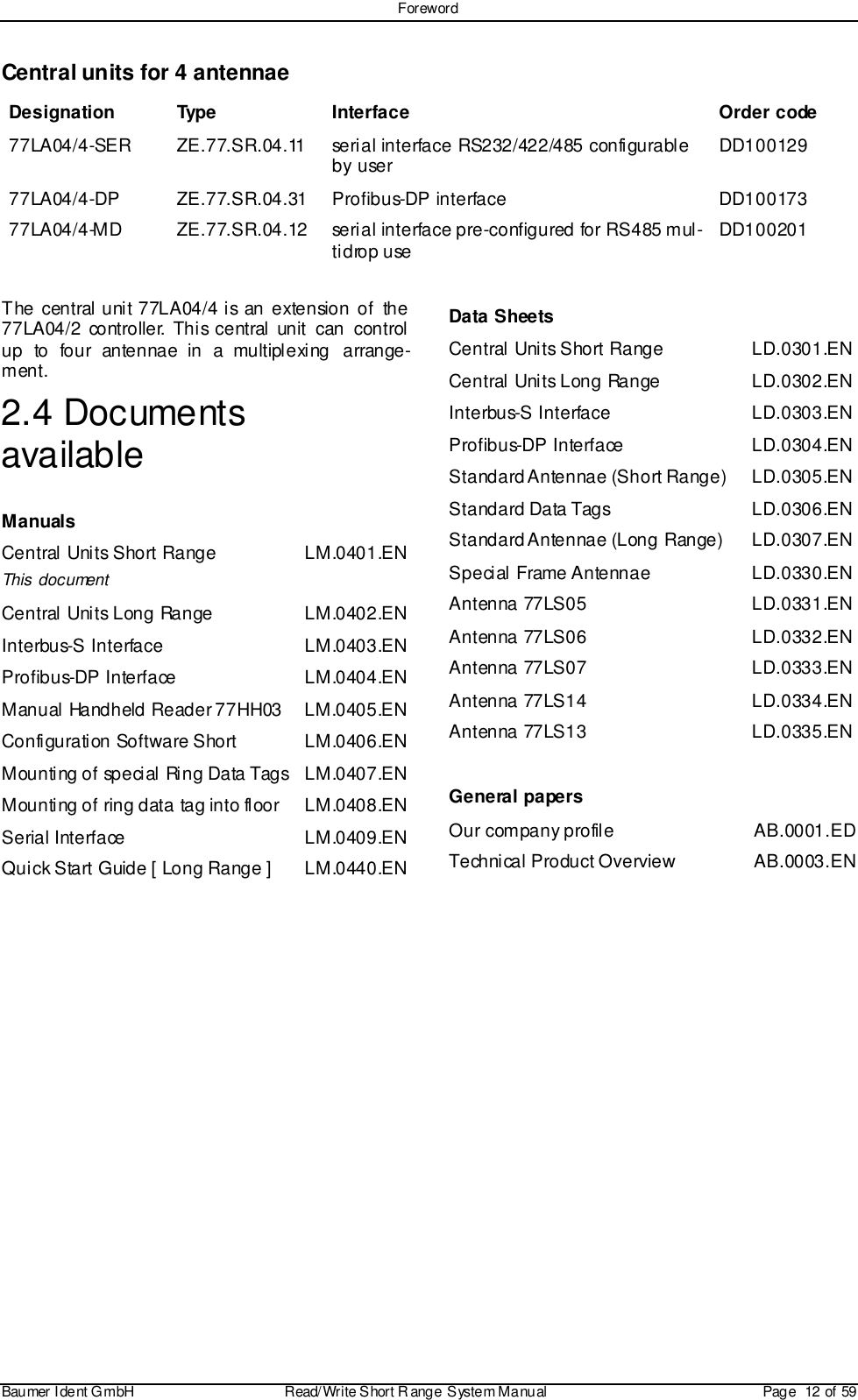 ForewordBaumer I dent G mbH  Read/Write S hort R ange System Manual Page  12 of 59Central units for 4 antennaeDesignation Type Interface Order code77LA04/4-SER ZE.77.SR.04.11 serial interface RS232/422/485 configurableby user DD10012977LA04/4-DP ZE.77.SR.04.31 Profibus-DP interface DD10017377LA04/4-MD ZE.77.SR.04.12 serial interface pre-configured for RS485 mul-tidrop use DD100201The central unit 77LA04/4 is an extension of the77LA04/2 controller. This central unit can controlup to four antennae in a multiplexing arrange-ment.2.4 DocumentsavailableManualsCentral Units Short RangeThis documentLM.0401.ENCentral Units Long Range LM.0402.ENInterbus-S Interface LM.0403.ENProfibus-DP Interface LM.0404.ENManual Handheld Reader 77HH03 LM.0405.ENConfiguration Software Short LM.0406.ENMounting of special Ring Data Tags LM.0407.ENMounting of ring data tag into floor LM.0408.ENSerial Interface LM.0409.ENQuick Start Guide [ Long Range ] LM.0440.ENData SheetsCentral Units Short Range LD.0301.ENCentral Units Long Range LD.0302.ENInterbus-S Interface LD.0303.ENProfibus-DP Interface LD.0304.ENStandard Antennae (Short Range) LD.0305.ENStandard Data Tags LD.0306.ENStandard Antennae (Long Range) LD.0307.ENSpecial Frame Antennae LD.0330.ENAntenna 77LS05 LD.0331.ENAntenna 77LS06 LD.0332.ENAntenna 77LS07 LD.0333.ENAntenna 77LS14 LD.0334.ENAntenna 77LS13 LD.0335.ENGeneral papersOur company profile AB.0001.EDTechnical Product Overview AB.0003.EN