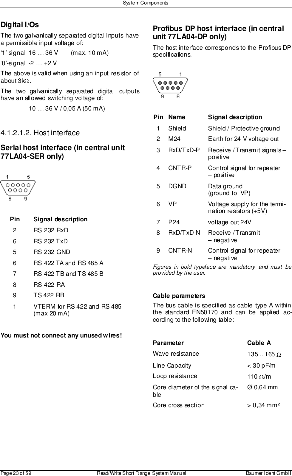 Sys tem ComponentsPage 23 of 59 Read/Write S hort R ange System Manual Baumer I dent G mbHDigital I/OsThe two galvanically separated digital inputs havea permissible input voltage of:‘1’-signal 16 … 36 V (max. 10 mA)‘0’-signal -2 … +2 VThe above is valid when using an input resistor ofabout 3kΩ.The two galvanically separated digital outputshave an allowed switching voltage of:10 … 36 V / 0,05 A (50 mA)4.1.2.1.2. Host interfaceSerial host interface (in central unit77LA04-SER only)Pin Signal description2 RS 232 RxD6 RS 232 TxD5 RS 232 GND6 RS 422 TA and RS 485 A7 RS 422 TB and TS 485 B8 RS 422 RA9 TS 422 RB1 VTERM for RS 422 and RS 485(max 20 mA)You must not connect any unused wires!Profibus DP host interface (in centralunit 77LA04-DP only)The host interface corresponds to the Profibus-DPspecifications.Pin Name Signal description1 Shi eld Shi eld / Protective ground2 M24 Earth for 24 V voltage out3 RxD/TxD-P Receive / Transmit signals –positive4 CNTR-P Control signal for repeater– posi ti ve5 DGND Data ground(ground to  VP)6 VP Voltage supply for the termi-nation resistors (+5V)7 P24 voltage out 24V8 RxD/TxD-N Receive / Transmit– negative9 CNTR-N Control signal for repeater– negativeFigures in bold typeface are mandatory and must beprovided by the user.Cable parametersThe bus cable is specified as cable type A withinthe standard EN50170 and can be applied ac-cording to the following table:Parameter Cable AWa ve re si stan ce 135 .. 165 ΩLine Capacity &lt; 30 pF/mLoop resistance 110 Ω/mCore di ameter of the signal ca-ble Ø 0,64 mmCore  cross se cti on &gt; 0 ,34 m m ²