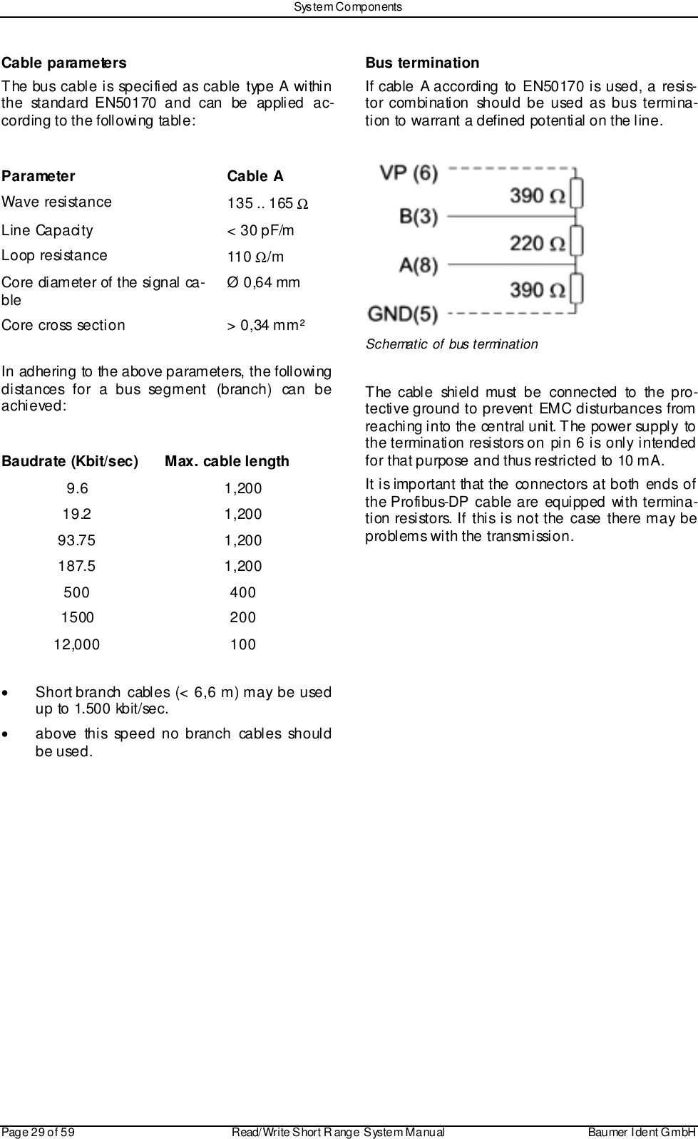 Sys tem ComponentsPage 29 of 59 Read/Write S hort R ange System Manual Baumer I dent G mbHCable parametersThe bus cable is specified as cable type A withinthe standard EN50170 and can be applied ac-cording to the following table:Parameter Cable AWa ve re si stan ce 135 .. 165 ΩLine Capacity &lt; 30 pF/mLoop resistance 110 Ω/mCore di ameter of the signal ca-ble Ø 0,64 mmCore  cross se cti on &gt; 0 ,34 m m ²In adhering to the above parameters, the followingdistances for a bus segment (branch) can beachieved:Baudrate (Kbit/sec) Max. cable length9.6 1,20019.2 1,20093.75 1,200187.5 1,200500 4001500 20012,000 100•  Short branch cables (&lt; 6,6 m) may be usedup to 1.500 kbit/sec.•  above this speed no branch cables shouldbe used.Bus terminationIf cable A according to EN50170 is used, a resis-tor combination should be used as bus termina-tion to warrant a defined potential on the line.Schematic of bus terminationThe cable shield must be connected to the pro-tective ground to prevent EMC disturbances fromreaching into the central unit. The power supply tothe termination resistors on pin 6 is only intendedfor that purpose and thus restricted to 10 mA.It is important that the connectors at both ends ofthe Profibus-DP cable are equipped with termina-tion resistors. If this is not the case there may beproblems with the transmission.