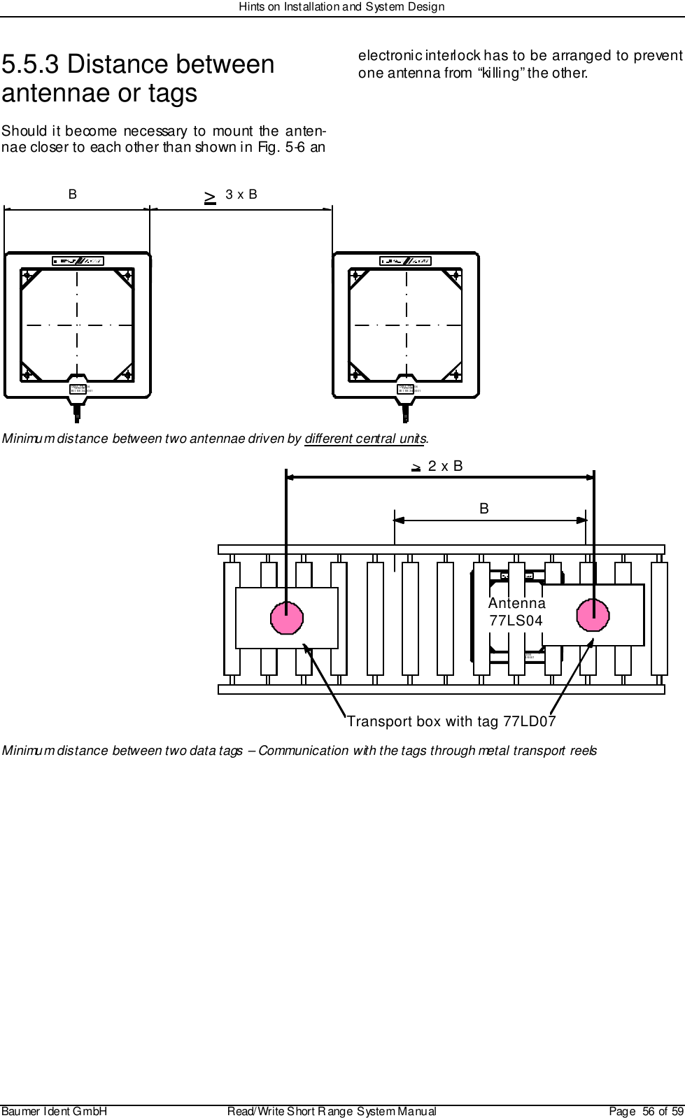 Hints on Installation and System DesignBaumer I dent G mbH  Read/Write S hort R ange System Manual Page  56 of 595.5.3 Distance betweenantennae or tagsShould it become necessary to mount the anten-nae closer to each other than shown in Fig. 5-6 anelectronic interlock has to be arranged to preventone antenna from “killing” the other.OIS-L 77LS041234-56BI I 98 34/0001OIS-L 77LS041234-56BI I 98 34/0001&gt;3 x BBMinimum distance between two antennae driven by different central units.OIS-L 77LS041234-56BI I 98 34/0001B&gt;  2 x BTransport box with tag 77LD07Antenna77LS04Minimum distance between two data tags – Communication with the tags through metal transport reels