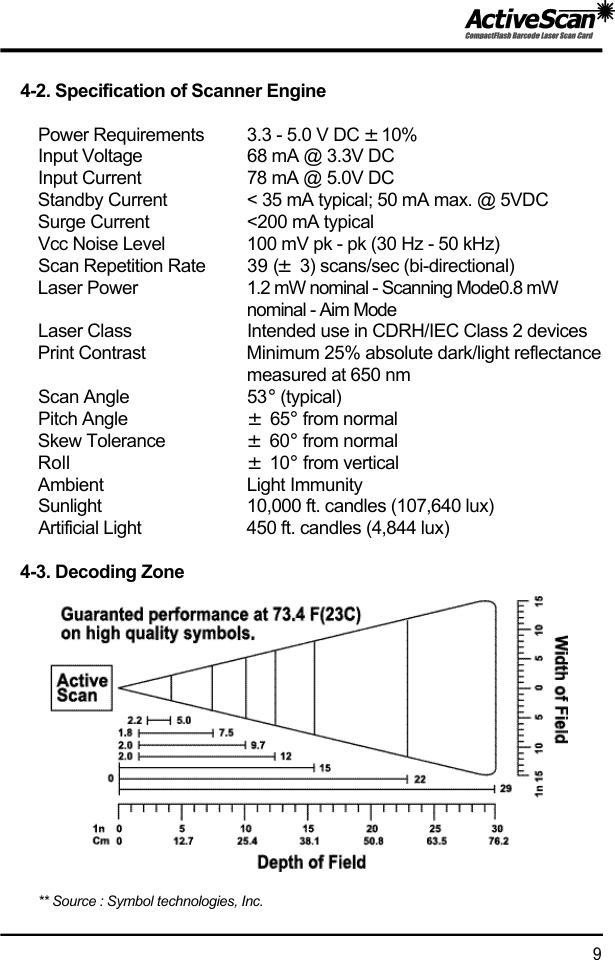 4-2. Specification of Scanner EnginePower Requirements 3.3 - 5.0 V DC &plusmn;1 0 %Input Voltage 68 mA @ 3.3V DCInput Current 78 mA @ 5.0V DCStandby Current < 35 mA typical; 50 mA max. @ 5VDCSurge Current <200 mA typicalVcc Noise Level 100 mV pk - pk (30 Hz - 50 kHz)Scan Repetition Rate  39 (&plusmn;3) scans/sec (bi-directional)Laser Power  1.2 mW nominal - Scanning Mode0.8 mW nominal - Aim ModeLaser Class  Intended use in CDRH/IEC Class 2 devicesPrint Contrast  Minimum 25% absolute dark/light reflectancemeasured at 650 nmScan Angle  5 3&deg;( t y p i c a l )Pitch Angle  &plusmn;6 5 &deg;from normal Skew Tolerance  &plusmn;6 0&deg;from normal Roll  &plusmn;1 0&deg;from vertical Ambient  Light ImmunityS u n l i g h t 10,000 ft. candles (107,640 lux)Artificial Light 450 ft. candles (4,844 lux)   4-3. Decoding Zone     ** Source : Symbol technologies, Inc.9