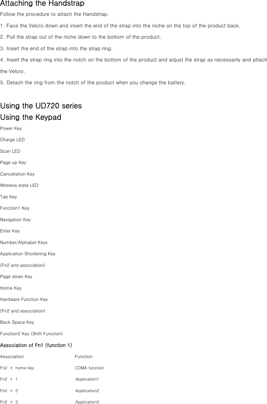 Attaching the Handstrap Follow the procedure to attach the Handstrap. 1. Face the Velcro down and insert the end of the strap into the niche on the top of the product back. 2. Pull the strap out of the niche down to the bottom of the product.   3. Insert the end of the strap into the strap ring.   4. Insert the strap ring into the notch on the bottom of the product and adjust the strap as necessarily and attach the Velcro. 5. Detach the ring from the notch of the product when you change the battery.    Using the UD720 series Using the Keypad Power Key Charge LED   Scan LED Page up Key Cancellation Key Wireless state LED Tab Key Function1 Key Navigation Key Enter Key Number/Alphabet Keys Application Shortening Key (Fn2 and association) Page down Key Home Key Hardware Function Key (Fn2 and association) Back Space Key Function2 Key (Shift Function) Association of Fn1 (function 1)   Association                       Function  Fn2 ＋ home key                    CDMA function Fn2 ＋ 1                            Application1 Fn2 ＋ 2                            Application2  Fn2 ＋ 3                            Application3 