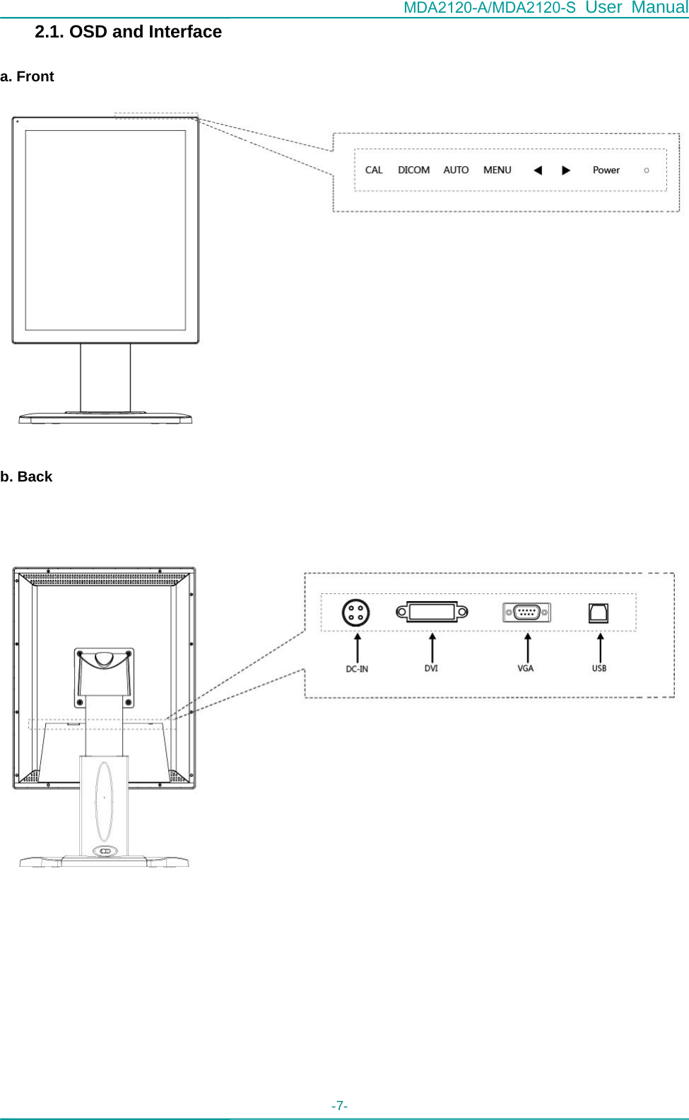 MDA2120-A/MDA2120-S User Manual - 7-   2.1. OSD and Interface  a. Front   b. Back     