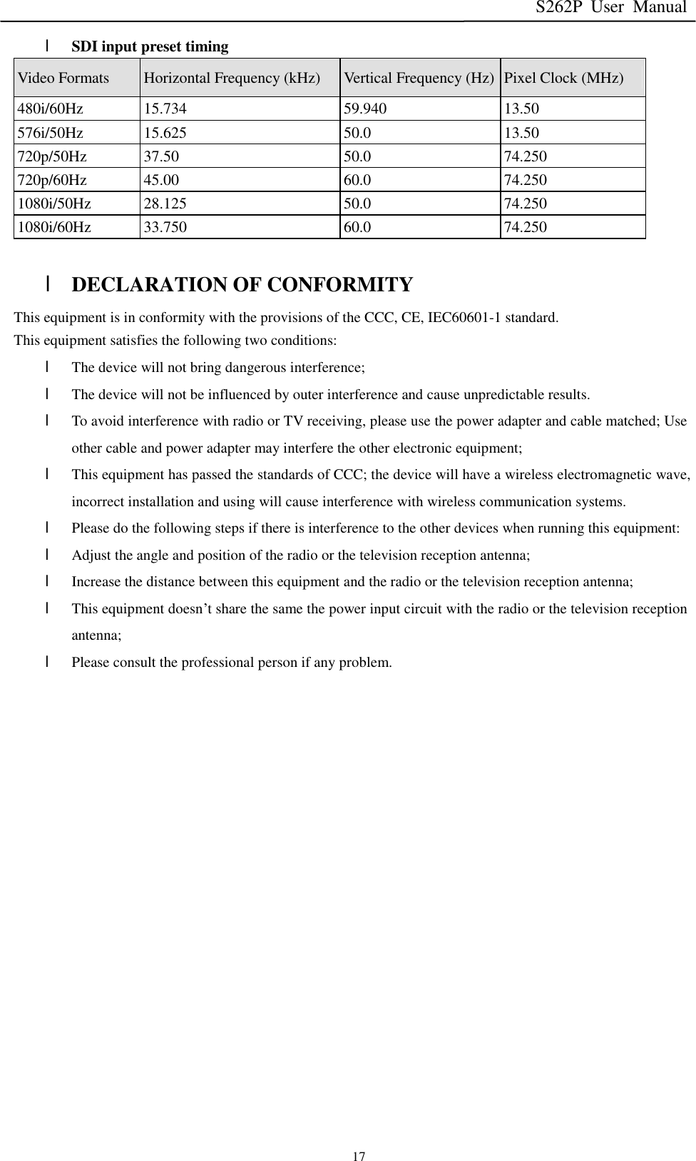 S262P User Manual   17 l SDI input preset timing Video Formats  Horizontal Frequency (kHz)  Vertical Frequency (Hz) Pixel Clock (MHz) 480i/60Hz  15.734  59.940  13.50 576i/50Hz  15.625  50.0  13.50 720p/50Hz  37.50  50.0  74.250 720p/60Hz  45.00  60.0  74.250 1080i/50Hz  28.125  50.0  74.250 1080i/60Hz  33.750  60.0  74.250  l DECLARATION OF CONFORMITY  This equipment is in conformity with the provisions of the CCC, CE, IEC60601-1 standard.  This equipment satisfies the following two conditions: l The device will not bring dangerous interference;   l The device will not be influenced by outer interference and cause unpredictable results. l To avoid interference with radio or TV receiving, please use the power adapter and cable matched; Use other cable and power adapter may interfere the other electronic equipment; l This equipment has passed the standards of CCC; the device will have a wireless electromagnetic wave, incorrect installation and using will cause interference with wireless communication systems. l Please do the following steps if there is interference to the other devices when running this equipment: l Adjust the angle and position of the radio or the television reception antenna; l Increase the distance between this equipment and the radio or the television reception antenna; l This equipment doesn’t share the same the power input circuit with the radio or the television reception antenna; l Please consult the professional person if any problem. 