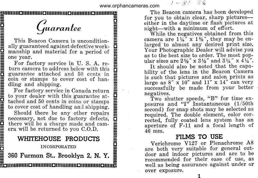 Page 2 of 12 - Beacon Beacon-Ii-Instruction-Manual- Www.orphancameras.com  Beacon-ii-instruction-manual