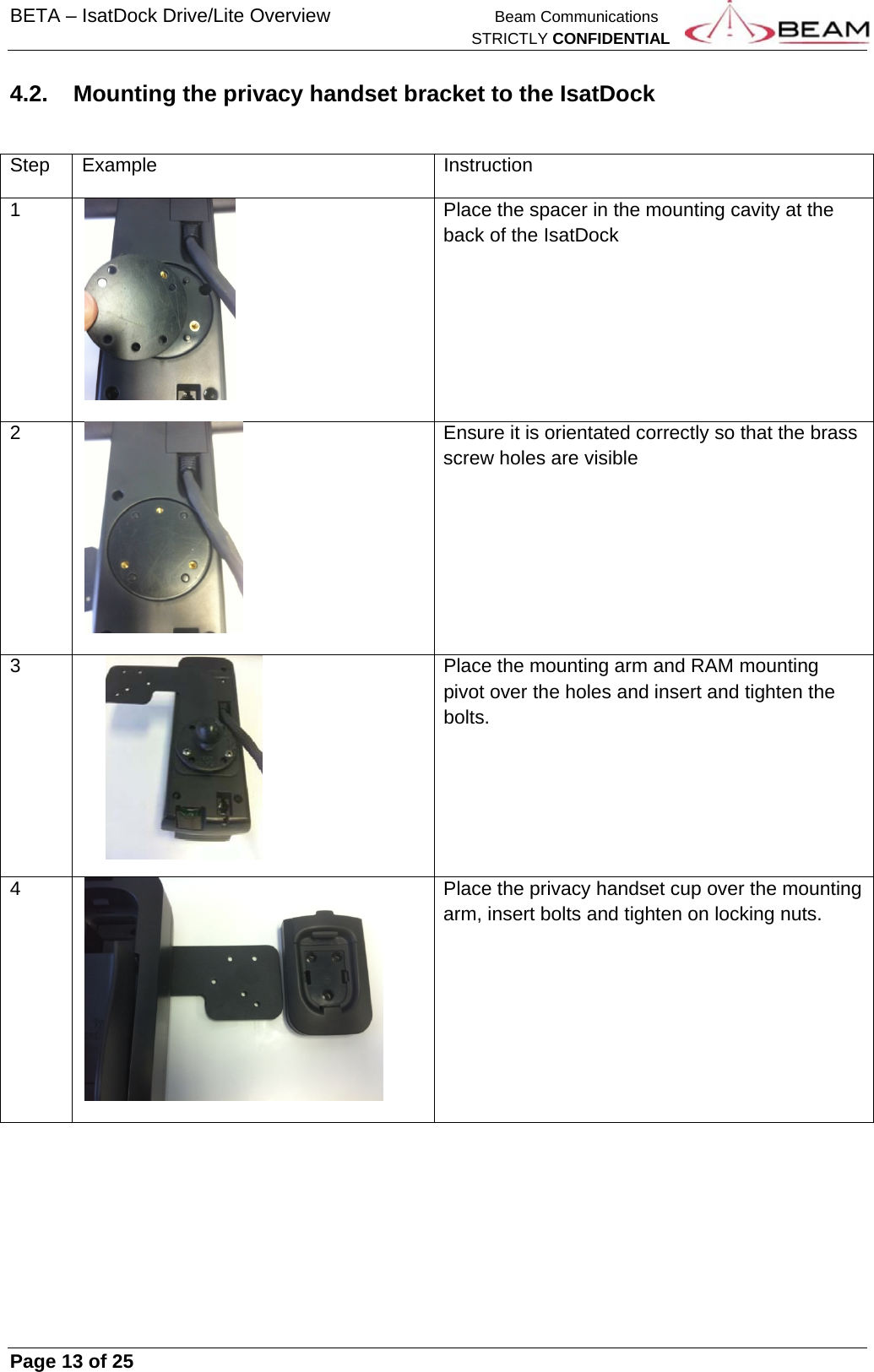 BETA – IsatDock Drive/Lite Overview    Beam Communications   STRICTLY CONFIDENTIAL     Page 13 of 25      4.2.  Mounting the privacy handset bracket to the IsatDock  Step Example  Instruction 1  Place the spacer in the mounting cavity at the back of the IsatDock  2  Ensure it is orientated correctly so that the brass screw holes are visible  3  Place the mounting arm and RAM mounting pivot over the holes and insert and tighten the bolts.   4  Place the privacy handset cup over the mounting arm, insert bolts and tighten on locking nuts. 