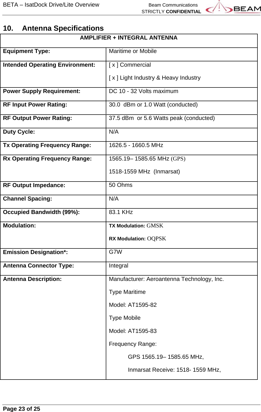 BETA – IsatDock Drive/Lite Overview    Beam Communications   STRICTLY CONFIDENTIAL     Page 23 of 25      10. Antenna Specifications AMPLIFIER + INTEGRAL ANTENNAEquipment Type:Maritime or MobileIntended Operating Environment:[ x ] Commercial[ x ] Light Industry &amp; Heavy IndustryPower Supply Requirement:DC 10 - 32 Volts maximumRF Input Power Rating:30.0  dBm or 1.0 Watt (conducted)RF Output Power Rating: 37.5 dBm  or 5.6 Watts peak (conducted) Duty Cycle:N/ATx Operating Frequency Range:1626.5 - 1660.5 MHzRx Operating Frequency Range:1565.19– 1585.65 MHz (GPS) 1518-1559 MHz  (Inmarsat)RF Output Impedance:50 OhmsChannel Spacing:N/AOccupied Bandwidth (99%):83.1 KHzModulation:TX Modulation: GMSK  RX Modulation: OQPSK Emission Designation*:G7WAntenna Connector Type: IntegralAntenna Description:Manufacturer: Aeroantenna Technology, Inc.Type Maritime Model: AT1595-82 Type Mobile Model: AT1595-83 Frequency Range:GPS 1565.19– 1585.65 MHz,  Inmarsat Receive: 1518- 1559 MHz, 