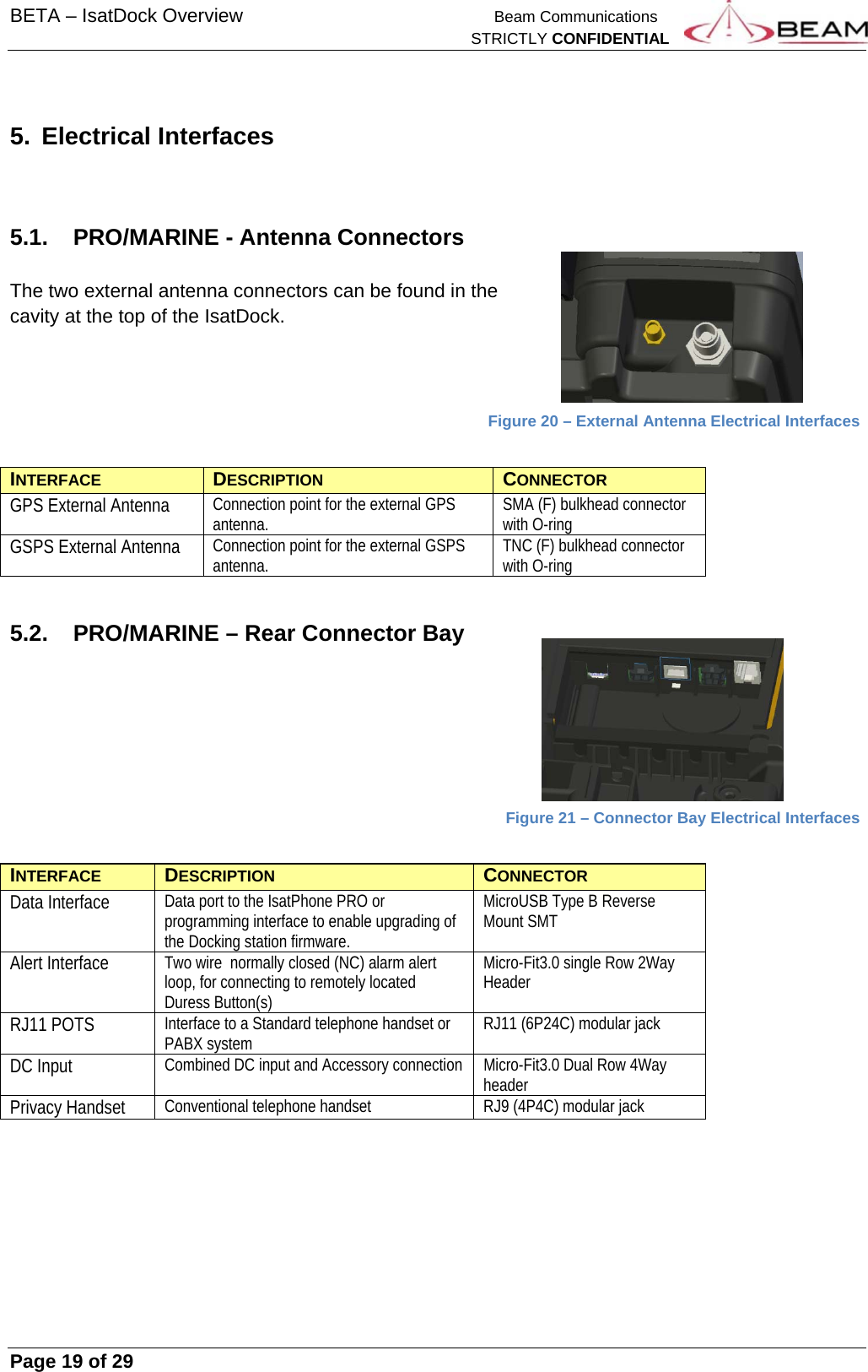 BETA – IsatDock Overview    Beam Communications   STRICTLY CONFIDENTIAL     Page 19 of 29      5. Electrical Interfaces   5.1.  PRO/MARINE - Antenna Connectors  The two external antenna connectors can be found in the cavity at the top of the IsatDock.            Figure 20 – External Antenna Electrical Interfaces  INTERFACE  DESCRIPTION  CONNECTOR GPS External Antenna  Connection point for the external GPS antenna.  SMA (F) bulkhead connector with O-ring GSPS External Antenna  Connection point for the external GSPS antenna.  TNC (F) bulkhead connector with O-ring  5.2.  PRO/MARINE – Rear Connector Bay                   Figure 21 – Connector Bay Electrical Interfaces  INTERFACE  DESCRIPTION  CONNECTOR Data Interface  Data port to the IsatPhone PRO or programming interface to enable upgrading of the Docking station firmware. MicroUSB Type B Reverse Mount SMT Alert Interface  Two wire  normally closed (NC) alarm alert loop, for connecting to remotely located Duress Button(s) Micro-Fit3.0 single Row 2Way Header RJ11 POTS  Interface to a Standard telephone handset or PABX system  RJ11 (6P24C) modular jack DC Input  Combined DC input and Accessory connection  Micro-Fit3.0 Dual Row 4Way header Privacy Handset  Conventional telephone handset  RJ9 (4P4C) modular jack  