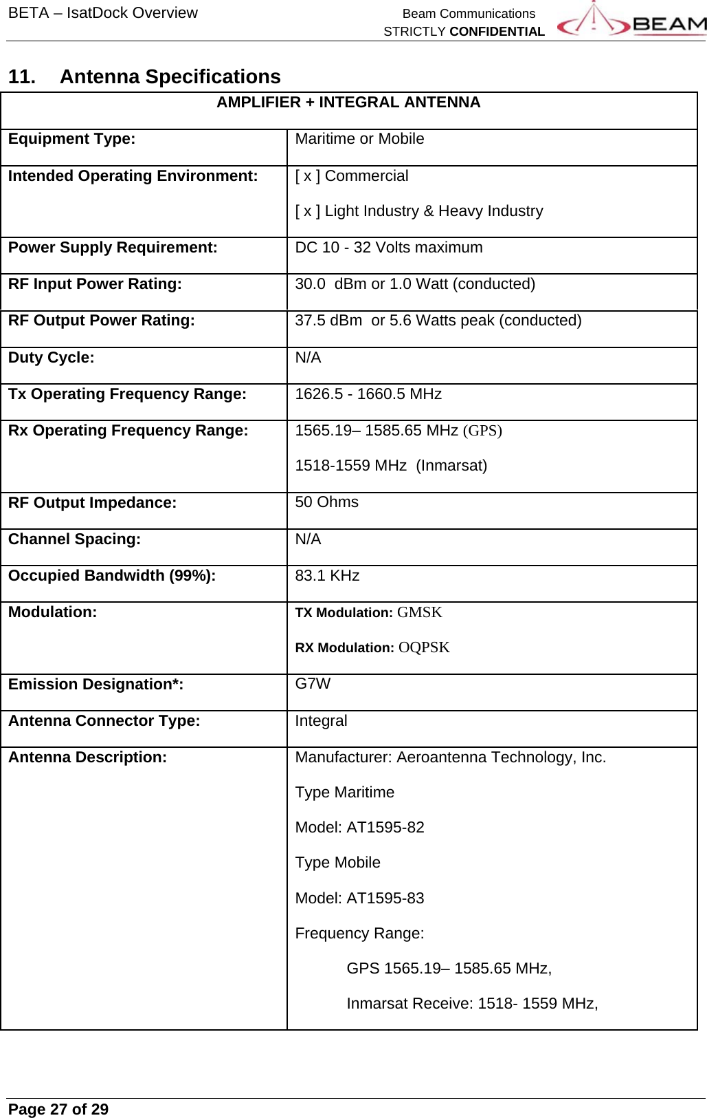 BETA – IsatDock Overview    Beam Communications   STRICTLY CONFIDENTIAL     Page 27 of 29      11. Antenna Specifications AMPLIFIER + INTEGRAL ANTENNAEquipment Type:Maritime or MobileIntended Operating Environment:[ x ] Commercial[ x ] Light Industry &amp; Heavy IndustryPower Supply Requirement:DC 10 - 32 Volts maximumRF Input Power Rating:30.0  dBm or 1.0 Watt (conducted)RF Output Power Rating: 37.5 dBm  or 5.6 Watts peak (conducted) Duty Cycle:N/ATx Operating Frequency Range:1626.5 - 1660.5 MHzRx Operating Frequency Range:1565.19– 1585.65 MHz (GPS) 1518-1559 MHz  (Inmarsat)RF Output Impedance:50 OhmsChannel Spacing:N/AOccupied Bandwidth (99%):83.1 KHzModulation:TX Modulation: GMSK  RX Modulation: OQPSK Emission Designation*:G7WAntenna Connector Type: IntegralAntenna Description:Manufacturer: Aeroantenna Technology, Inc.Type Maritime Model: AT1595-82 Type Mobile Model: AT1595-83 Frequency Range:GPS 1565.19– 1585.65 MHz,  Inmarsat Receive: 1518- 1559 MHz, 