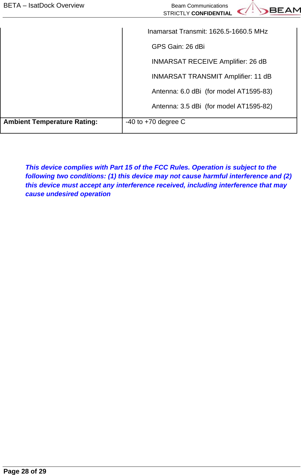 BETA – IsatDock Overview    Beam Communications   STRICTLY CONFIDENTIAL     Page 28 of 29      Inamarsat Transmit: 1626.5-1660.5 MHz                GPS Gain: 26 dBi               INMARSAT RECEIVE Amplifier: 26 dB               INMARSAT TRANSMIT Amplifier: 11 dB               Antenna: 6.0 dBi  (for model AT1595-83)               Antenna: 3.5 dBi  (for model AT1595-82) Ambient Temperature Rating:-40 to +70 degree C  This device complies with Part 15 of the FCC Rules. Operation is subject to the following two conditions: (1) this device may not cause harmful interference and (2) this device must accept any interference received, including interference that may cause undesired operation     