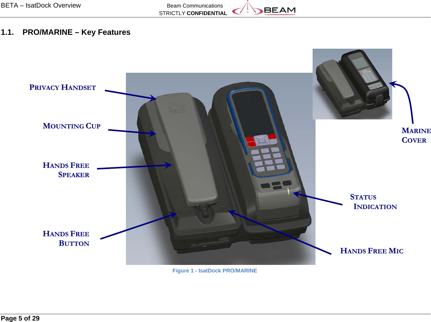 BETA – IsatDock Overview    Beam Communications   STRICTLY CONFIDENTIAL     Page 5 of 29      1.1.  PRO/MARINE – Key Features                               Figure 1 - IsatDock PRO/MARINE                           PPRRIIVVAACCYY  HHAANNDDSSEETT  MMOOUUNNTTIINNGG  CCUUPP  HHAANNDDSS  FFRREEEE  SSPPEEAAKKEERR  HHAANNDDSS  FFRREEEE  MMIICC  HHAANNDDSS  FFRREEEE  BBUUTTTTOONN  SSTTAATTUUSS      IINNDDIICCAATTIIOONN  MMAARRIINNEE  CCOOVVEERR  