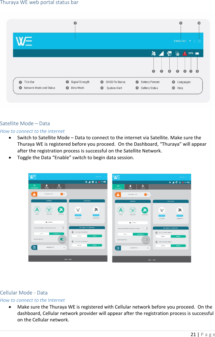 21 | P a g e    Thuraya WE web portal status bar    Satellite Mode – Data  How to connect to the internet • Switch to Satellite Mode – Data to connect to the internet via Satellite. Make sure the Thuraya WE is registered before you proceed.  On the Dashboard, “Thuraya” will appear after the registration process is successful on the Satellite Network.   • Toggle the Data “Enable” switch to begin data session.      Cellular Mode - Data How to connect to the Internet • Make sure the Thuraya WE is registered with Cellular network before you proceed.  On the dashboard, Cellular network provider will appear after the registration process is successful on the Cellular network.   