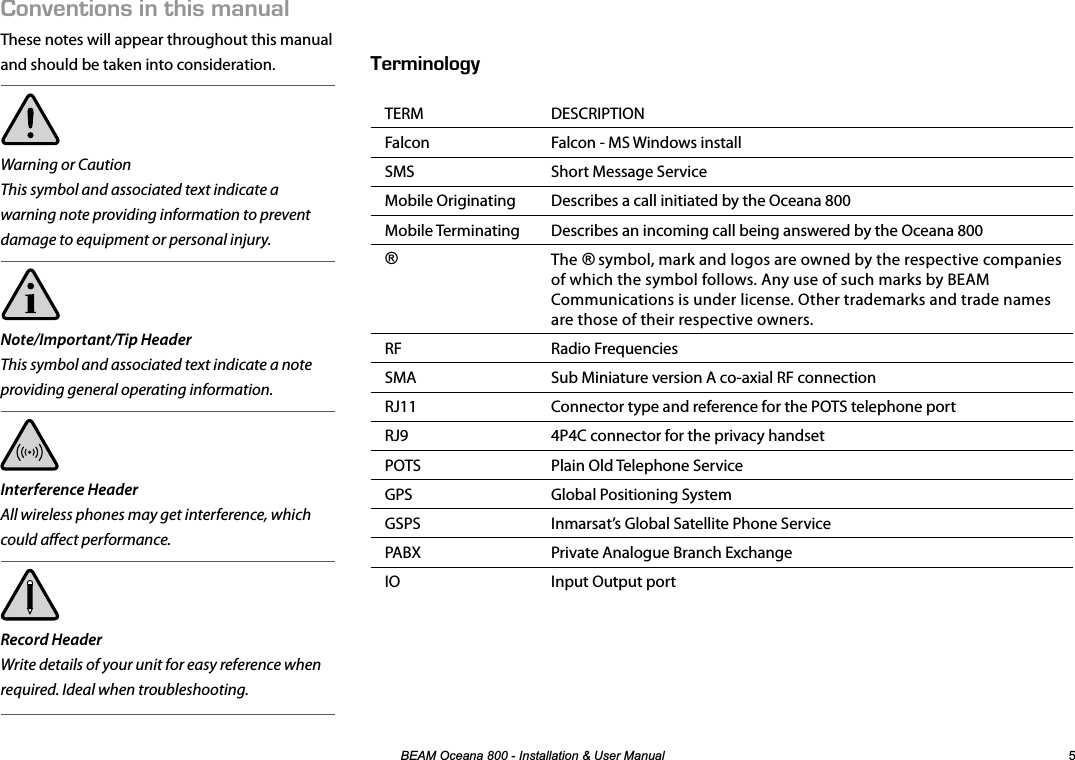 %($02FHDQD,QVWDOODWLRQ8VHU0DQXDO &apos;4/+01.1);TERM DESCRIPTIONFalcon Falcon - MS Windows installSMS Short Message ServiceMobile Originating Describes a call initiated by the Oceana 800Mobile Terminating Describes an incoming call being answered by the Oceana 800The  symbol, mark and logos are owned by the respective companies of which the symbol follows. Any use of such marks by BEAM Communications is under license. Other trademarks and trade names are those of their respective owners.RF Radio FrequenciesSMA Sub Miniature version A co-axial RF connectionRJ11 Connector type and reference for the POTS telephone portRJ9 4P4C connector for the privacy handsetPOTS Plain Old Telephone ServiceGPS Global Positioning SystemGSPS Inmarsat’s Global Satellite Phone ServicePABX Private Analogue Branch ExchangeIO Input Output port These notes will appear throughout this manual and should be taken into consideration.Warning or Caution This symbol and associated text indicate a warning note providing information to prevent damage to equipment or personal injury.Note/Important/Tip HeaderThis symbol and associated text indicate a note providing general operating information.Interference HeaderAll wireless phones may get interference, which could aect performance.Record HeaderWrite details of your unit for easy reference when required. Ideal when troubleshooting.108&apos;06+105+06*+5/#07#.