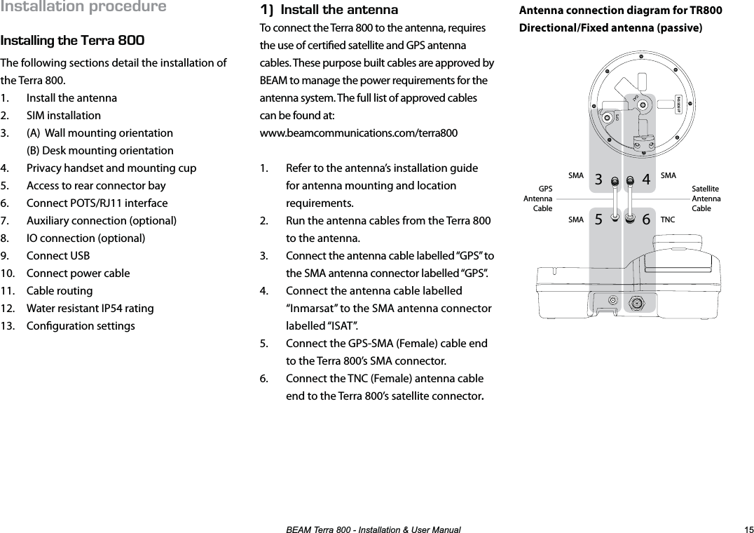 %($07HUUD,QVWDOODWLRQ8VHU0DQXDO 056#..#6+10241%&apos;&amp;74&apos;056#..+0)6*&apos;&apos;44#LNNThe following sections detail the installation of the Terra 800.1.  Install the antenna2. SIM installation3.  (A)  Wall mounting orientation (B) Desk mounting orientation4.  Privacy handset and mounting cup5.  Access to rear connector bay6.  Connect POTS/RJ11 interface7.  Auxiliary connection (optional)8.  IO connection (optional)9. Connect USB10.  Connect power cable11. Cable routing12.  Water resistant IP54 rating13. Conguration settingsEk056#..6*&apos;#06&apos;00#To connect the Terra 800 to the antenna, requires the use of certied satellite and GPS antenna cables. These purpose built cables are approved by BEAM to manage the power requirements for the antenna system. The full list of approved cables can be found at: www.beamcommunications.com/terra8001.  Refer to the antenna’s installation guide for antenna mounting and location requirements.2.  Run the antenna cables from the Terra 800 to the antenna.3.  Connect the antenna cable labelled “GPS” to the SMA antenna connector labelled “GPS”.4.  Connect the antenna cable labelled “Inmarsat” to the SMA antenna connector labelled “ISAT”.5.  Connect the GPS-SMA (Female) cable end to the Terra 800’s SMA connector.6.  Connect the TNC (Female) antenna cable end to the Terra 800’s satellite connector.Antenna connection diagram for TR800Directional/Fixed antenna (passive)6543TNCSMASMASMASatellite Antenna CableGPS Antenna Cable7+,66,&apos;(83