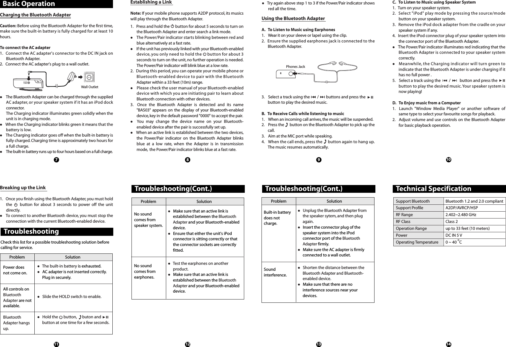 DC IN 5VC. To Listen to Music using Speaker System1. Turn on your speaker system.2. Select &quot;iPod&quot; play mode by pressing the source/modebutton on your speaker system.3. Remove the iPod dock adapter from the cradle on yourspeakersystemifany.4. Insert the iPod connector plug of your speaker system intothe connector port of the Bluetooth Adapter. The Power/Pair indicator illuminates red indicating that theBluetooth Adapter is connected to your speaker systemcorrectly. Meanwhile, the Charging indicator will turn green toindicate that the Bluetooth Adapter is under charging if ithas no full power .5. Select a track using the / button and press thebutton to play the desired music.Your speaker system isnow playing!D. To Enjoy music from a Computer1. Launch &quot;Window Media Player&quot; or another software ofsame type to select your favourite songs for playback.2. Adjust volume and use controls on the Bluetooth Adapterfor basic playback operation.Using the Bluetooth AdapterA. To Listen to Music using Earphones1. Wear it on your sleeve or lapel using the clip.2. Ensure the supplied earphones jack is connected to theBluetooth Adapter.3. Select a track using the / buttons and press thebutton to play the desired music.B. To Receive Calls while listening to music1. When an incoming call arrives, the music will be suspended.2. Press the button on the Bluetooth Adapter to pick up thecall.3. Aim at the MIC port while speaking.4. When the call ends, press the button again to hang up.The music resumes automatically.Establishing a LinkNote: If your mobile phone supports A2DP protocol, its musicswill play through the Bluetooth Adapter.1. Press and hold the button for about 5 seconds to turn onthe Bluetooth Adapter and enter search a link mode.The Power/Pair indicator starts blinking between red andblue alternatively at a fast rate.If the unit has previously linked with your Bluetooth-enableddevice, you only need to hold the button for about 3seconds to turn on the unit,no further operation is needed.The Power/Pair indicator will blink blue at a low rate.2. During this period, you can operate your mobile phone orBluetooth-enabled device to pair with the BluetoothAdapter within a 33 feet (10m) range.Please check the user manual of your Bluetooth-enableddevice with which you are initiating pair to learn aboutBluetooth connection with other devices.3. Once the Bluetooth Adapter is detected and its name&quot;BAS03&quot; appears on the display of your Bluetooth-enableddevice,key in the default password &quot;0000&quot; to accept the pair.You may change the device name on your Bluetooth-enabled device after the pair is successfully set up.  When an active link is established between the two devices,the Power/Pair indicator on the Bluetooth Adapter blinksblue at a low rate, when the Adapter is in transmissionmode, the Power/Pair indicator blinks blue at a fast rate.11 12 13 147 8 9Technical SpecificationTroubleshootingTroubleshooting(Cont.)Troubleshooting(Cont.)Bluetooth 1.2 and 2.0 compliantA2DP/AVRCP/HSP2.402~2.480 GHzClass 2up to 33 feet (10 meters)DC IN 5 V0~40oCSupport BluetoothSupport ProfileRF RangeRF ClassOperation RangePowerOperating TemperatureBasic OperationWall OutletCharging the Bluetooth AdapterCaution: Before using the Bluetooth Adapter for the first time,make sure the built-in battery is fully charged for at least 10hours.To connect the AC adapter1. Connect the AC adapter&apos;s connector to the DC IN jack onBluetooth Adapter.2. Connect the AC adapter&apos;s plug to a wall outlet.The Bluetooth Adapter can be charged through the suppliedAC adapter, or your speaker system if it has an iPod dockconnector.The Charging indicator illuminates green solidly when theunit is in charging mode. When the Charging indicator blinks green it means that thebattery is low.The Charging indicator goes off when the built-in battery isfully charged. Charging time is approximately two hours fora full charge.The built-in battery runs up to four hours based on a full charge.Problem SolutionCheck this list for a possible troubleshooting solution beforecalling for service.No soundcomes fromspeaker system.No soundcomes fromearphones.Make sure that an active link isestablished between the BluetoothAdapter and your Bluetooth-enableddevice.Ensure that either the unit&apos;s iPodconnector is sitting correctly or thatthe connector sockets are correctlyfitted.Unplug the Bluetooth Adapter fromthe speaker sytem, and then plugagain.Insert the connector plug of thespeaker system into the iPodconnector port of the BluetoothAdapter firmly.Make sure the AC adapter is firmlyconnected to a wall outlet.Test the earphones on anotherproduct.Make sure that an active link isestablished between the BluetoothAdapter and your Bluetooth-enableddevice.Shorten the distance between theBluetooth Adapter and Bluetooth-enabled device.Make sure that there are nointerference sources near yourdevices.Problem SolutionBuilt-in batterydoes notcharge.Problem SolutionPower doesnot come on.The built-in battery is exhausted.AC adapter is not inserted correctly.Plug in securely.Slide the HOLD switch to enable.All controls onBluetoothAdapter are notavailable.Soundinterference.MICBreaking up the Link1. Once you finish using the Bluetooth Adapter, you must holdthe button for about 3 seconds to power off the unitdirectly.  To connect to another Bluetooth device, you must stop theconnection with the current Bluetooth-enabled device.Hold the button, buton andbutton at one time for a few seconds.BluetoothAdapter hangsup.Phones JackTry again above step 1 to 3 if the Power/Pair indicator showsred all the time.10