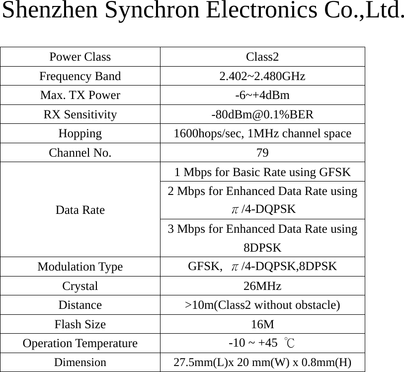 Shenzhen Synchron Electronics Co.,Ltd.   Power Class  Class2 Frequency Band  2.402~2.480GHz Max. TX Power  -6~+4dBm RX Sensitivity  -80dBm@0.1%BER Hopping  1600hops/sec, 1MHz channel space Channel No.  79 Data Rate 1 Mbps for Basic Rate using GFSK 2 Mbps for Enhanced Data Rate using π/4-DQPSK 3 Mbps for Enhanced Data Rate using 8DPSK Modulation Type  GFSK,  π/4-DQPSK,8DPSK Crystal 26MHz Distance  &gt;10m(Class2 without obstacle) Flash Size  16M Operation Temperature  -10 ~ +45  ℃ Dimension 27.5mm(L)x 20 mm(W) x 0.8mm(H)  