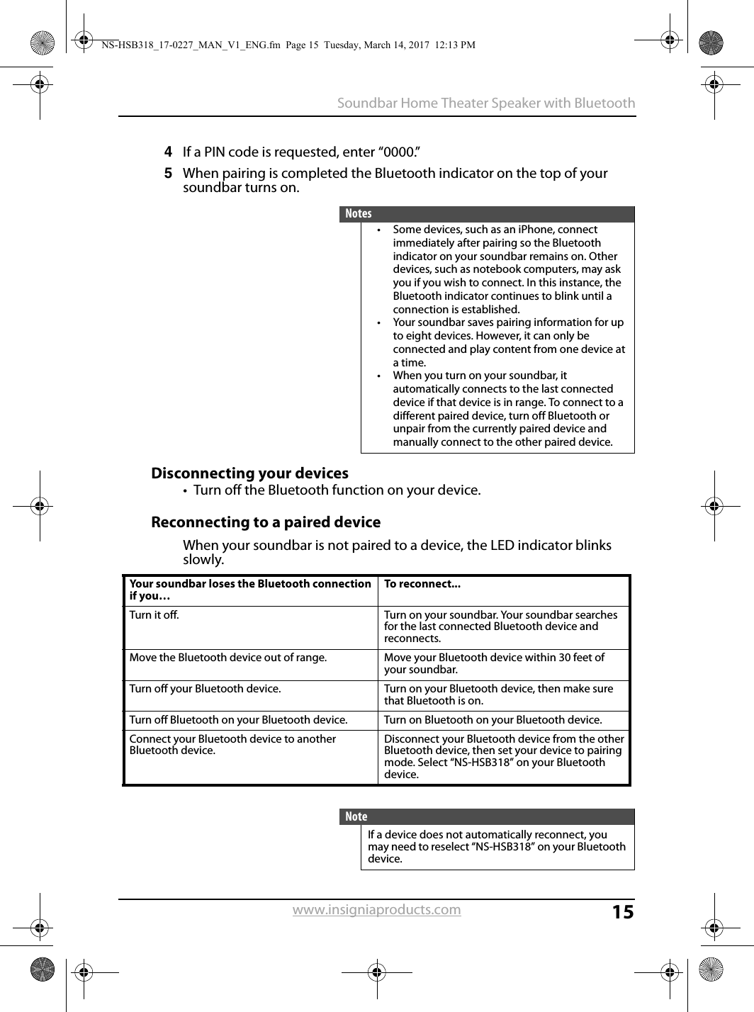15Soundbar Home Theater Speaker with Bluetoothwww.insigniaproducts.com4If a PIN code is requested, enter “0000.”5When pairing is completed the Bluetooth indicator on the top of your soundbar turns on.Disconnecting your devices• Turn off the Bluetooth function on your device.Reconnecting to a paired device When your soundbar is not paired to a device, the LED indicator blinks slowly.Notes• Some devices, such as an iPhone, connect immediately after pairing so the Bluetooth indicator on your soundbar remains on. Other devices, such as notebook computers, may ask you if you wish to connect. In this instance, the Bluetooth indicator continues to blink until a connection is established.• Your soundbar saves pairing information for up to eight devices. However, it can only be connected and play content from one device at a time.• When you turn on your soundbar, it automatically connects to the last connected device if that device is in range. To connect to a different paired device, turn off Bluetooth or unpair from the currently paired device and manually connect to the other paired device.Your soundbar loses the Bluetooth connection if you…To reconnect...Turn it off. Turn on your soundbar. Your soundbar searches for the last connected Bluetooth device and reconnects.Move the Bluetooth device out of range. Move your Bluetooth device within 30 feet of your soundbar. Turn off your Bluetooth device. Turn on your Bluetooth device, then make sure that Bluetooth is on. Turn off Bluetooth on your Bluetooth device. Turn on Bluetooth on your Bluetooth device.Connect your Bluetooth device to another Bluetooth device.Disconnect your Bluetooth device from the other Bluetooth device, then set your device to pairing mode. Select “NS-HSB318” on your Bluetooth device.NoteIf a device does not automatically reconnect, you may need to reselect “NS-HSB318” on your Bluetooth device.NS-HSB318_17-0227_MAN_V1_ENG.fm  Page 15  Tuesday, March 14, 2017  12:13 PM