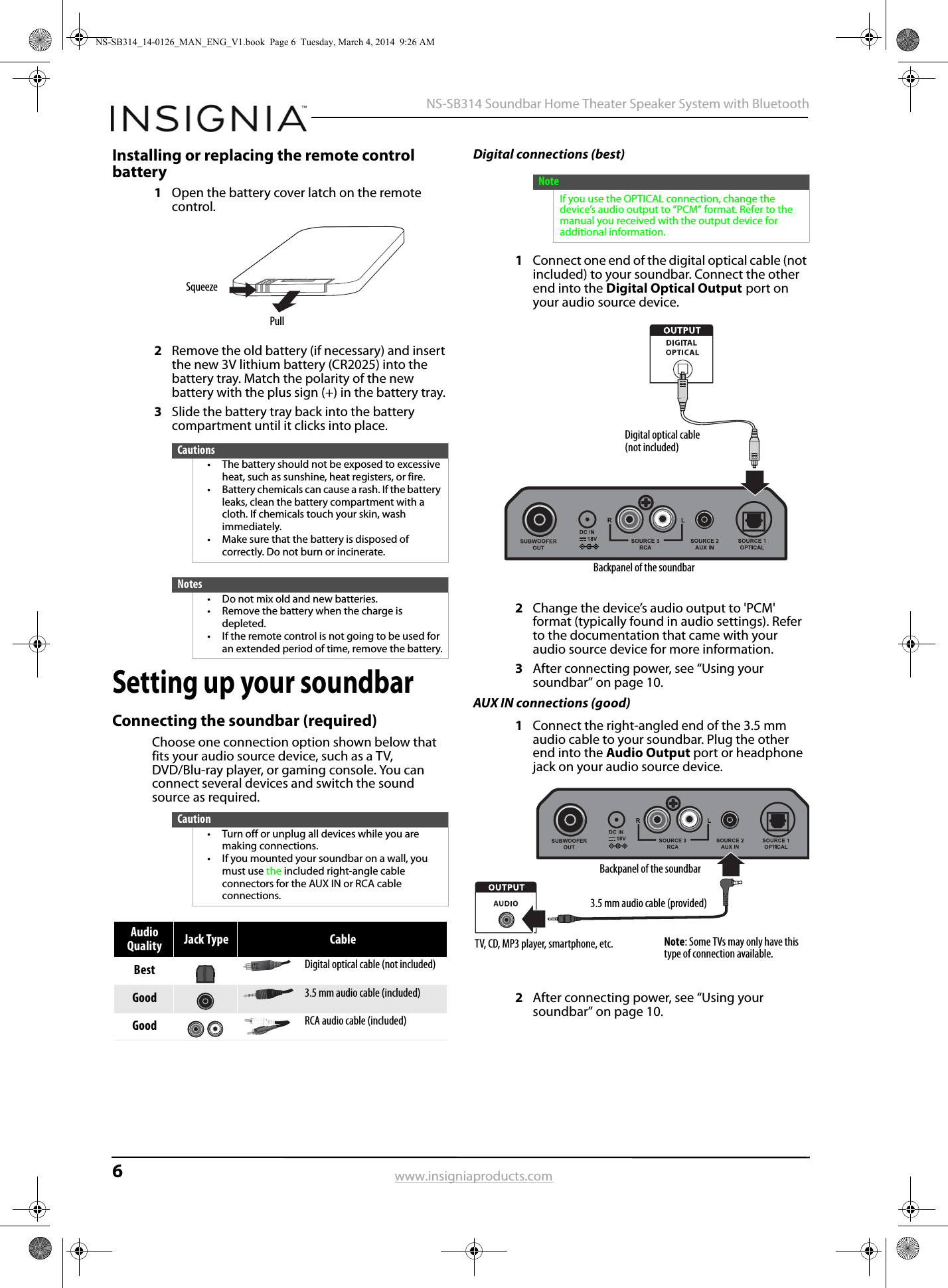 6 NS-SB314 Soundbar Home Theater Speaker System with Bluetoothwww.insigniaproducts.comInstalling or replacing the remote control battery1Open the battery cover latch on the remote control.2Remove the old battery (if necessary) and insert the new 3V lithium battery (CR2025) into the battery tray. Match the polarity of the new battery with the plus sign (+) in the battery tray.3Slide the battery tray back into the battery compartment until it clicks into place.Setting up your soundbarConnecting the soundbar (required)Choose one connection option shown below that fits your audio source device, such as a TV, DVD/Blu-ray player, or gaming console. You can connect several devices and switch the sound source as required.Digital connections (best)1Connect one end of the digital optical cable (not included) to your soundbar. Connect the other end into the Digital Optical Output port on your audio source device.2Change the device’s audio output to &apos;PCM&apos; format (typically found in audio settings). Refer to the documentation that came with your audio source device for more information.3After connecting power, see “Using your soundbar” on page 10.AUX IN connections (good)1Connect the right-angled end of the 3.5 mm audio cable to your soundbar. Plug the other end into the Audio Output port or headphone jack on your audio source device.2After connecting power, see “Using your soundbar” on page 10.Cautions• The battery should not be exposed to excessive heat, such as sunshine, heat registers, or fire.• Battery chemicals can cause a rash. If the battery leaks, clean the battery compartment with a cloth. If chemicals touch your skin, wash immediately.• Make sure that the battery is disposed of correctly. Do not burn or incinerate.Notes• Do not mix old and new batteries.• Remove the battery when the charge is depleted.• If the remote control is not going to be used for an extended period of time, remove the battery.Caution• Turn off or unplug all devices while you are making connections.• If you mounted your soundbar on a wall, you must use the included right-angle cable connectors for the AUX IN or RCA cable connections.Audio Quality Jack Type CableBest Digital optical cable (not included)Good 3.5 mm audio cable (included)Good RCA audio cable (included)PullSqueezeNoteIf you use the OPTICAL connection, change the device’s audio output to “PCM” format. Refer to the manual you received with the output device for additional information.Digital optical cable (not included)Backpanel of the soundbar3.5 mm audio cable (provided)TV, CD, MP3 player, smartphone, etc.Backpanel of the soundbarNote: Some TVs may only have this type of connection available.NS-SB314_14-0126_MAN_ENG_V1.book  Page 6  Tuesday, March 4, 2014  9:26 AM