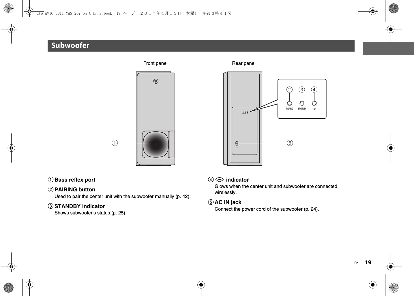 En 191Bass reflex port2PAIRING buttonUsed to pair the center unit with the subwoofer manually (p. 42).3STANDBY indicatorShows subwoofer’s status (p. 25).4 indicatorGlows when the center unit and subwoofer are connected wirelessly.5AC IN jackConnect the power cord of the subwoofer (p. 24).SubwooferPAIRING STANDBYPAIRING STANDBY23451Front panel Rear paneldtp_AV16-0011_YAS-207_om_C_EnFr.book  19 ページ  ２０１７年４月１３日　木曜日　午後３時４１分