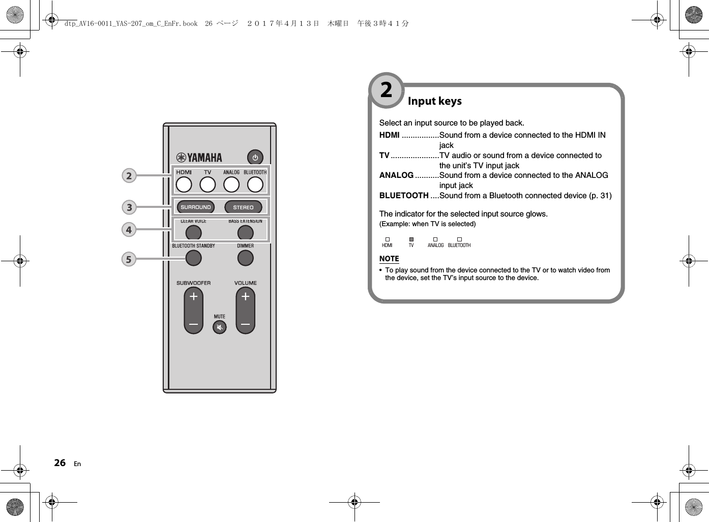 26 EnInput keysSelect an input source to be played back.HDMI .................Sound from a device connected to the HDMI IN jackTV......................TV audio or sound from a device connected to the unit’s TV input jackANALOG ...........Sound from a device connected to the ANALOG input jackBLUETOOTH ....Sound from a Bluetooth connected device (p. 31)The indicator for the selected input source glows.(Example: when TV is selected)NOTE• To play sound from the device connected to the TV or to watch video from the device, set the TV’s input source to the device.HDMI TV ANALOG BLUETOOTH2dtp_AV16-0011_YAS-207_om_C_EnFr.book  26 ページ  ２０１７年４月１３日　木曜日　午後３時４１分