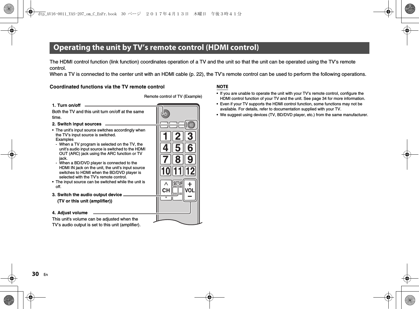 30 EnThe HDMI control function (link function) coordinates operation of a TV and the unit so that the unit can be operated using the TV’s remote control.When a TV is connected to the center unit with an HDMI cable (p. 22), the TV’s remote control can be used to perform the following operations.Coordinated functions via the TV remote control NOTE• If you are unable to operate the unit with your TV’s remote control, configure the HDMI control function of your TV and the unit. See page 34 for more information.• Even if your TV supports the HDMI control function, some functions may not be available. For details, refer to documentation supplied with your TV.• We suggest using devices (TV, BD/DVD player, etc.) from the same manufacturer.Operating the unit by TV’s remote control (HDMI control)Remote control of TV (Example)2. Switch input sources• The unit’s input source switches accordingly when the TV’s input source is switched.Examples- When a TV program is selected on the TV, the unit’s audio input source is switched to the HDMI OUT (ARC) jack using the ARC function or TV jack.- When a BD/DVD player is connected to the HDMI IN jack on the unit, the unit’s input source switches to HDMI when the BD/DVD player is selected with the TV’s remote control.• The input source can be switched while the unit is off.1. Turn on/offBoth the TV and this unit turn on/off at the same time.3. Switch the audio output device (TV or this unit (amplifier))4. Adjust volumeThis unit&apos;s volume can be adjusted when the TV’s audio output is set to this unit (amplifier).dtp_AV16-0011_YAS-207_om_C_EnFr.book  30 ページ  ２０１７年４月１３日　木曜日　午後３時４１分