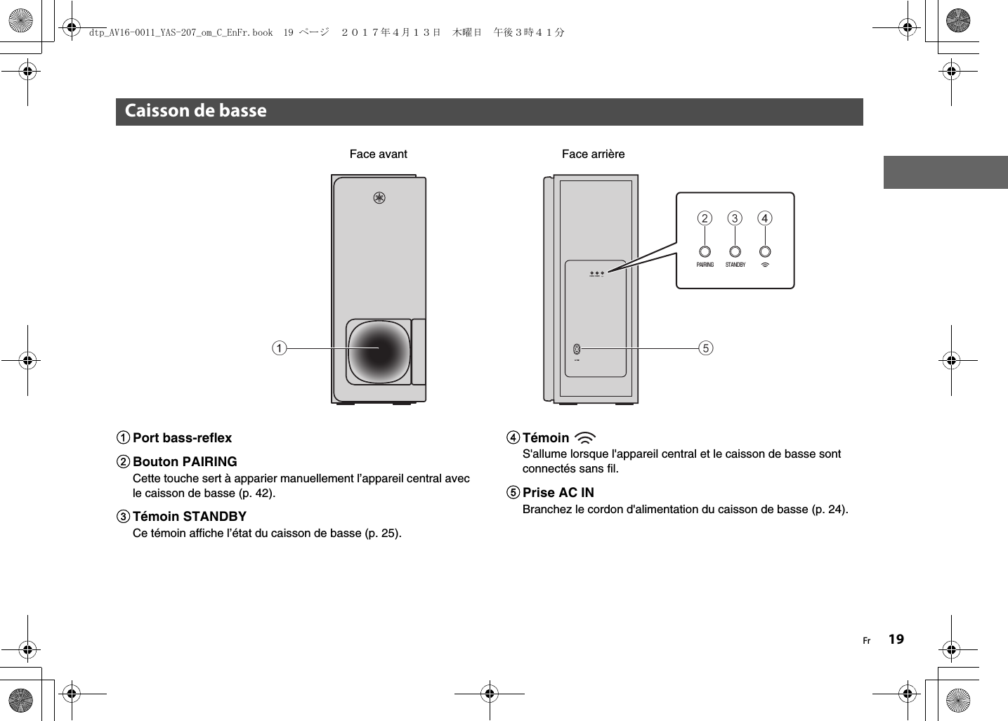 Fr 191Port bass-reflex2Bouton PAIRINGCette touche sert à apparier manuellement l’appareil central avec le caisson de basse (p. 42).3Témoin STANDBYCe témoin affiche l’état du caisson de basse (p. 25).4Témoin S&apos;allume lorsque l&apos;appareil central et le caisson de basse sont connectés sans fil.5Prise AC INBranchez le cordon d&apos;alimentation du caisson de basse (p. 24).Caisson de bassePAIRING STANDBYPAIRING STANDBY23451Face avant Face arrièredtp_AV16-0011_YAS-207_om_C_EnFr.book  19 ページ  ２０１７年４月１３日　木曜日　午後３時４１分