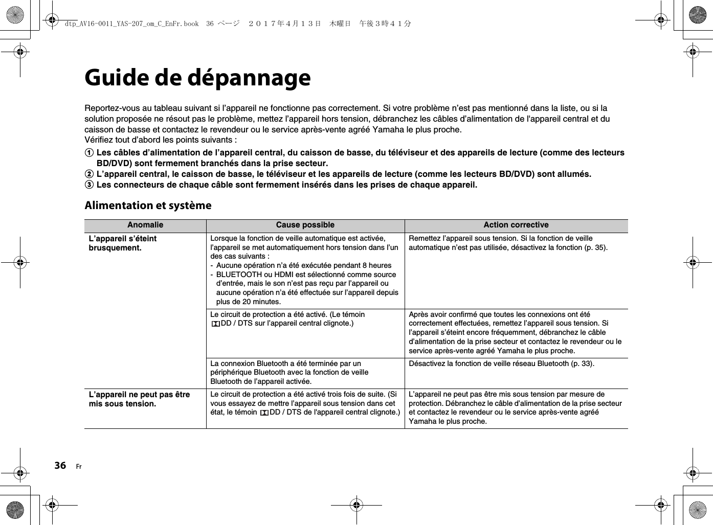 36 FrGuide de dépannageReportez-vous au tableau suivant si l’appareil ne fonctionne pas correctement. Si votre problème n’est pas mentionné dans la liste, ou si la solution proposée ne résout pas le problème, mettez l’appareil hors tension, débranchez les câbles d’alimentation de l&apos;appareil central et du caisson de basse et contactez le revendeur ou le service après-vente agréé Yamaha le plus proche.Vérifiez tout d’abord les points suivants :1Les câbles d’alimentation de l’appareil central, du caisson de basse, du téléviseur et des appareils de lecture (comme des lecteurs BD/DVD) sont fermement branchés dans la prise secteur.2L’appareil central, le caisson de basse, le téléviseur et les appareils de lecture (comme les lecteurs BD/DVD) sont allumés.3Les connecteurs de chaque câble sont fermement insérés dans les prises de chaque appareil.Alimentation et systèmeAnomalie Cause possible Action correctiveL’appareil s’éteint brusquement.Lorsque la fonction de veille automatique est activée, l’appareil se met automatiquement hors tension dans l’un des cas suivants :- Aucune opération n’a été exécutée pendant 8 heures- BLUETOOTH ou HDMI est sélectionné comme source d’entrée, mais le son n’est pas reçu par l’appareil ou aucune opération n’a été effectuée sur l’appareil depuis plus de 20 minutes.Remettez l’appareil sous tension. Si la fonction de veille automatique n’est pas utilisée, désactivez la fonction (p. 35).Le circuit de protection a été activé. (Le témoin DD / DTS sur l’appareil central clignote.)Après avoir confirmé que toutes les connexions ont été correctement effectuées, remettez l’appareil sous tension. Si l’appareil s’éteint encore fréquemment, débranchez le câble d’alimentation de la prise secteur et contactez le revendeur ou le service après-vente agréé Yamaha le plus proche.La connexion Bluetooth a été terminée par un périphérique Bluetooth avec la fonction de veille Bluetooth de l’appareil activée.Désactivez la fonction de veille réseau Bluetooth (p. 33).L’appareil ne peut pas être mis sous tension.Le circuit de protection a été activé trois fois de suite. (Si vous essayez de mettre l’appareil sous tension dans cet état, le témoin  DD / DTS de l&apos;appareil central clignote.)L’appareil ne peut pas être mis sous tension par mesure de protection. Débranchez le câble d’alimentation de la prise secteur et contactez le revendeur ou le service après-vente agréé Yamaha le plus proche.dtp_AV16-0011_YAS-207_om_C_EnFr.book  36 ページ  ２０１７年４月１３日　木曜日　午後３時４１分