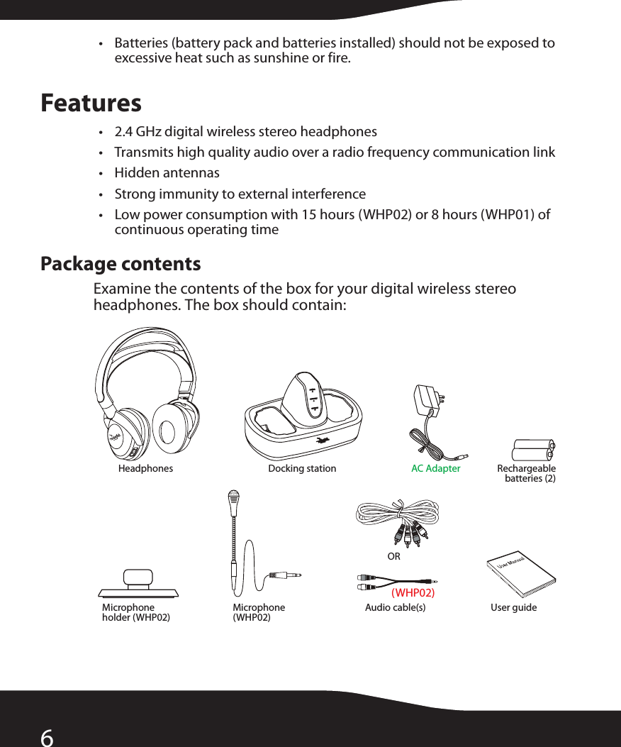 6• Batteries (battery pack and batteries installed) should not be exposed to excessive heat such as sunshine or fire.Features• 2.4 GHz digital wireless stereo headphones• Transmits high quality audio over a radio frequency communication link• Hidden antennas• Strong immunity to external interference• Low power consumption with 15 hours (WHP02) or 8 hours (WHP01) of continuous operating timePackage contentsExamine the contents of the box for your digital wireless stereo headphones. The box should contain:Headphones Docking station AC Adapter Rechargeablebatteries (2)Microphone holder (WHP02)Microphone (WHP02)Audio cable(s) User guideOR(WHP02)