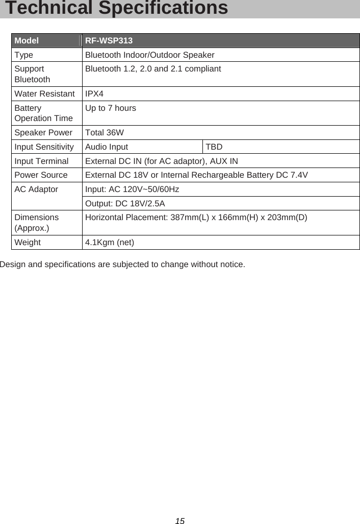 15  Technical Specifications  Model  RF-WSP313  Type  Bluetooth Indoor/Outdoor Speaker Support Bluetooth Bluetooth 1.2, 2.0 and 2.1 compliant Water Resistant  IPX4 Battery Operation Time Up to 7 hours Speaker Power  Total 36W Input Sensitivity  Audio Input  TBD Input Terminal  External DC IN (for AC adaptor), AUX IN Power Source  External DC 18V or Internal Rechargeable Battery DC 7.4V AC Adaptor  Input: AC 120V~50/60Hz Output: DC 18V/2.5A Dimensions (Approx.) Horizontal Placement: 387mm(L) x 166mm(H) x 203mm(D) Weight 4.1Kgm (net)  Design and specifications are subjected to change without notice.  