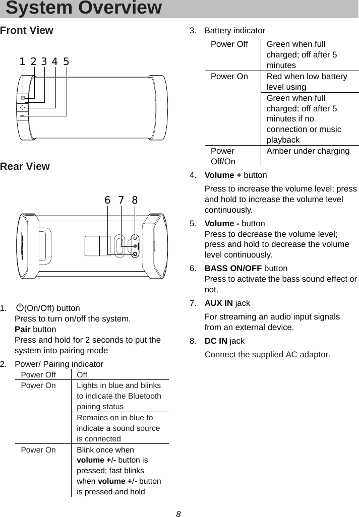 8  System OverviewFront View    Rear View     1. (On/Off) button  Press to turn on/off the system. Pair button Press and hold for 2 seconds to put the system into pairing mode 2.  Power/ Pairing indicator Power Off  Off Power On  Lights in blue and blinks to indicate the Bluetooth pairing status Remains on in blue to indicate a sound source is connected Power On  Blink once when volume +/- button is pressed; fast blinks when volume +/- button is pressed and hold 3. Battery indicator Power Off  Green when full charged; off after 5 minutes Power On  Red when low battery level using   Green when full charged; off after 5 minutes if no connection or music playback Power Off/On Amber under charging 4.  Volume + button Press to increase the volume level; press and hold to increase the volume level continuously.  5.  Volume - button Press to decrease the volume level; press and hold to decrease the volume level continuously. 6.  BASS ON/OFF button Press to activate the bass sound effect or not. 7.  AUX IN jack For streaming an audio input signals from an external device. 8.  DC IN jack Connect the supplied AC adaptor.              12345678