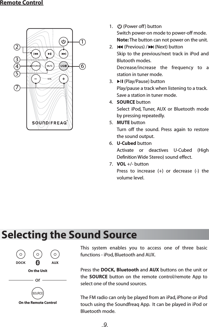 .9.1.          (Power off) buttonSwitch power-on mode to power-off mode.       Note: The button can not power on the unit. 2.           (Previous) /       (Next) buttonSkip to the  previous/next track in iPod and Blutooth modes. Decrease/increase  the  frequency  to  a station in tuner mode.3.           (Play/Pause) buttonPlay/pause a track when listening to a track.        Save a station in tuner mode.4.    SOURCE buttonSelect  iPod, Tuner,  AUX  or  Bluetooth  mode by pressing repeatedly.5.    MUTE buttonTurn  off  the  sound.  Press  again  to  restore the sound output. 6.    U-Cubed buttonActivate  or  deactives  U-Cubed  (High Definition Wide Stereo) sound effect.7.    VOL +/- buttonPress  to  increase  (+)  or  decrease  (-)  the volume level. Remote Control2364751Selecting the Sound SourceOn the UnitOn the Remote ControlThis  system  enables  you  to  access  one  of  three  basic functions - iPod, Bluetooth and AUX.Press the DOCK, Bluetooth and AUX buttons on the unit or the  SOURCE  button  on  the  remote  control/remote  App to select one of the sound sources.The FM radio can only be played from an iPad, iPhone or iPod touch using the Soundfreaq App.  It can be played in iPod or Bluetooth mode.or