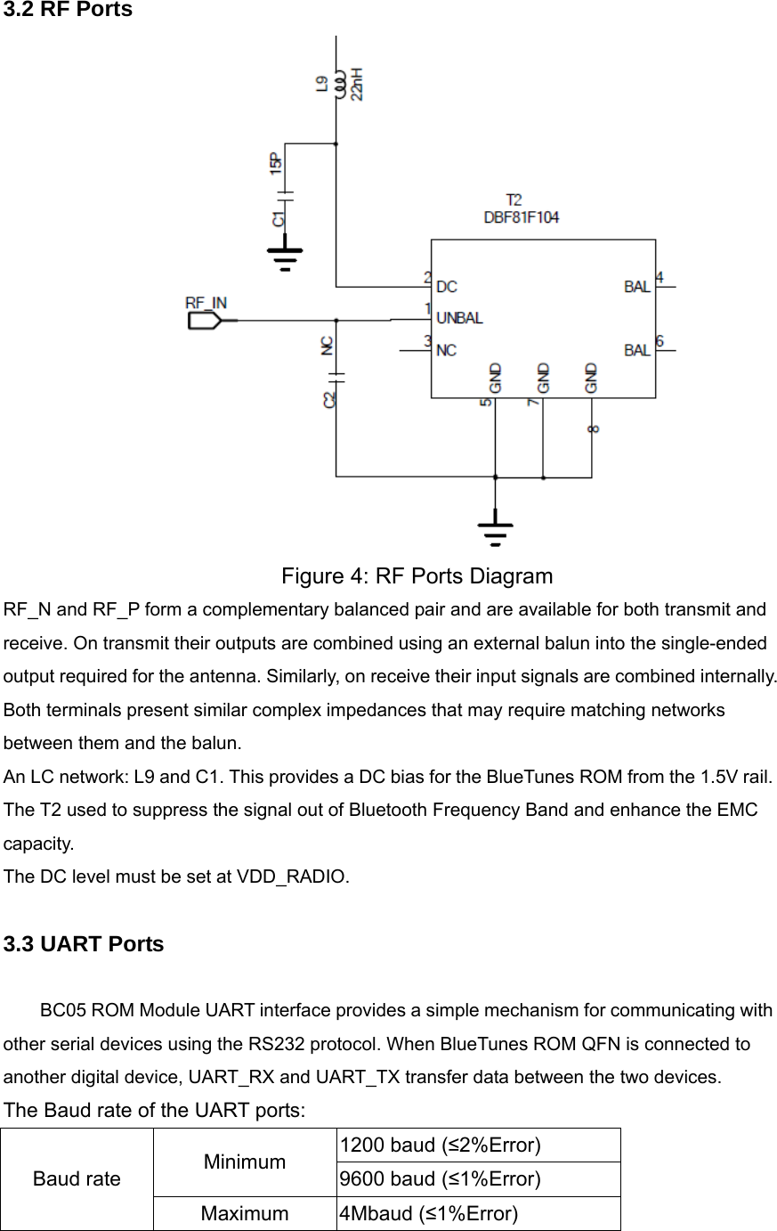  3.2 RF Ports                           Figure 4: RF Ports Diagram RF_N and RF_P form a complementary balanced pair and are available for both transmit and receive. On transmit their outputs are combined using an external balun into the single-ended output required for the antenna. Similarly, on receive their input signals are combined internally. Both terminals present similar complex impedances that may require matching networks between them and the balun. An LC network: L9 and C1. This provides a DC bias for the BlueTunes ROM from the 1.5V rail. The T2 used to suppress the signal out of Bluetooth Frequency Band and enhance the EMC capacity. The DC level must be set at VDD_RADIO.  3.3 UART Ports  BC05 ROM Module UART interface provides a simple mechanism for communicating with other serial devices using the RS232 protocol. When BlueTunes ROM QFN is connected to another digital device, UART_RX and UART_TX transfer data between the two devices. The Baud rate of the UART ports: 1200 baud (≤2%Error) Minimum  9600 baud (≤1%Error) Baud rate Maximum 4Mbaud (≤1%Error)  