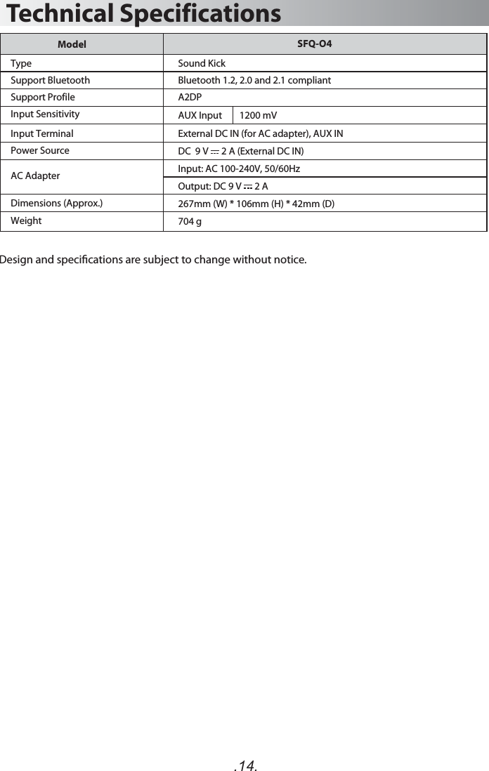 .14.External DC IN (for AC adapter), AUX INDC  9 V      2 A (External DC IN)Input: AC 100-240V, 50/60HzOutput: DC 9 V      2 A  267mm (W) * 106mm (H) * 42mm (D)704 g ModelTypeSupport BluetoothSupport ProfileBluetooth 1.2, 2.0 and 2.1 compliantSound KickA2DPInput Sensitivity AUX Input        1200 mVInput TerminalPower SourceAC AdapterDimensions (Approx.)WeightTechnical SpecificationsSFQ-O4Design and specications are subject to change without notice.